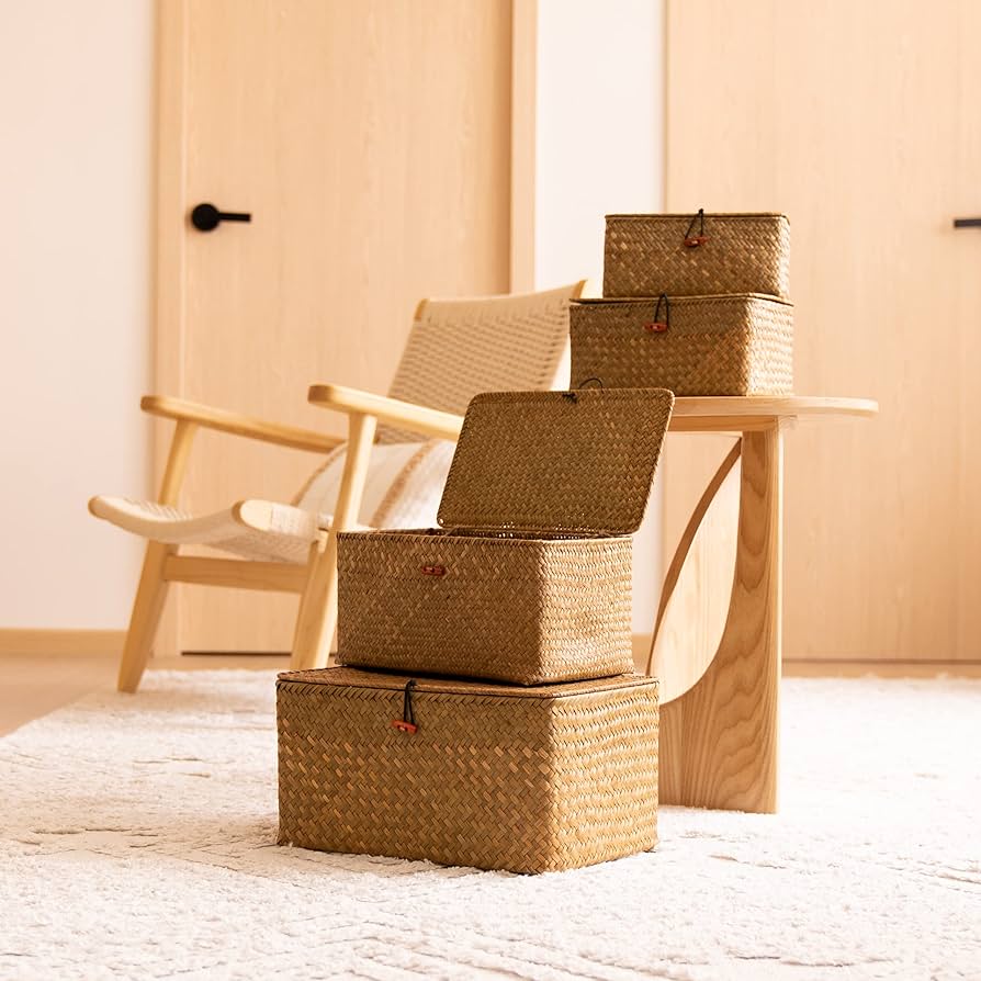 Feilanduoshelf Baskets With Lid Set Of 3 Handwoven Seagrass Storage | INDIA