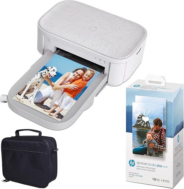 HP Sprocket Studio Plus 4x6 Instant Color Photo Printer  Bundle: Case and Photo Paper, White