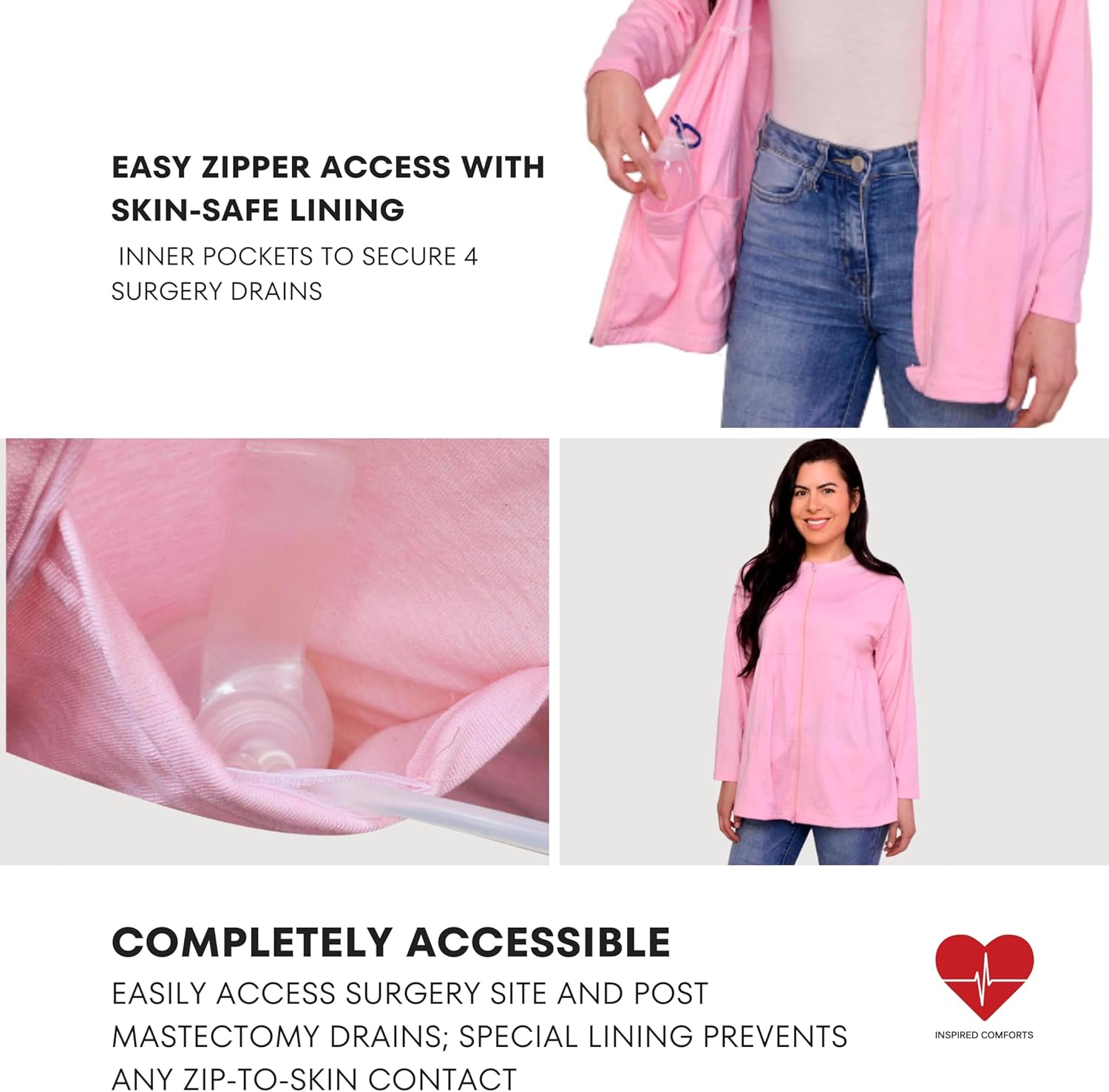 Inspired Comforts Women's Mastectomy Recovery Full Sleeves Front Open Zip Up Shirt with Drain Pockets - Image 3