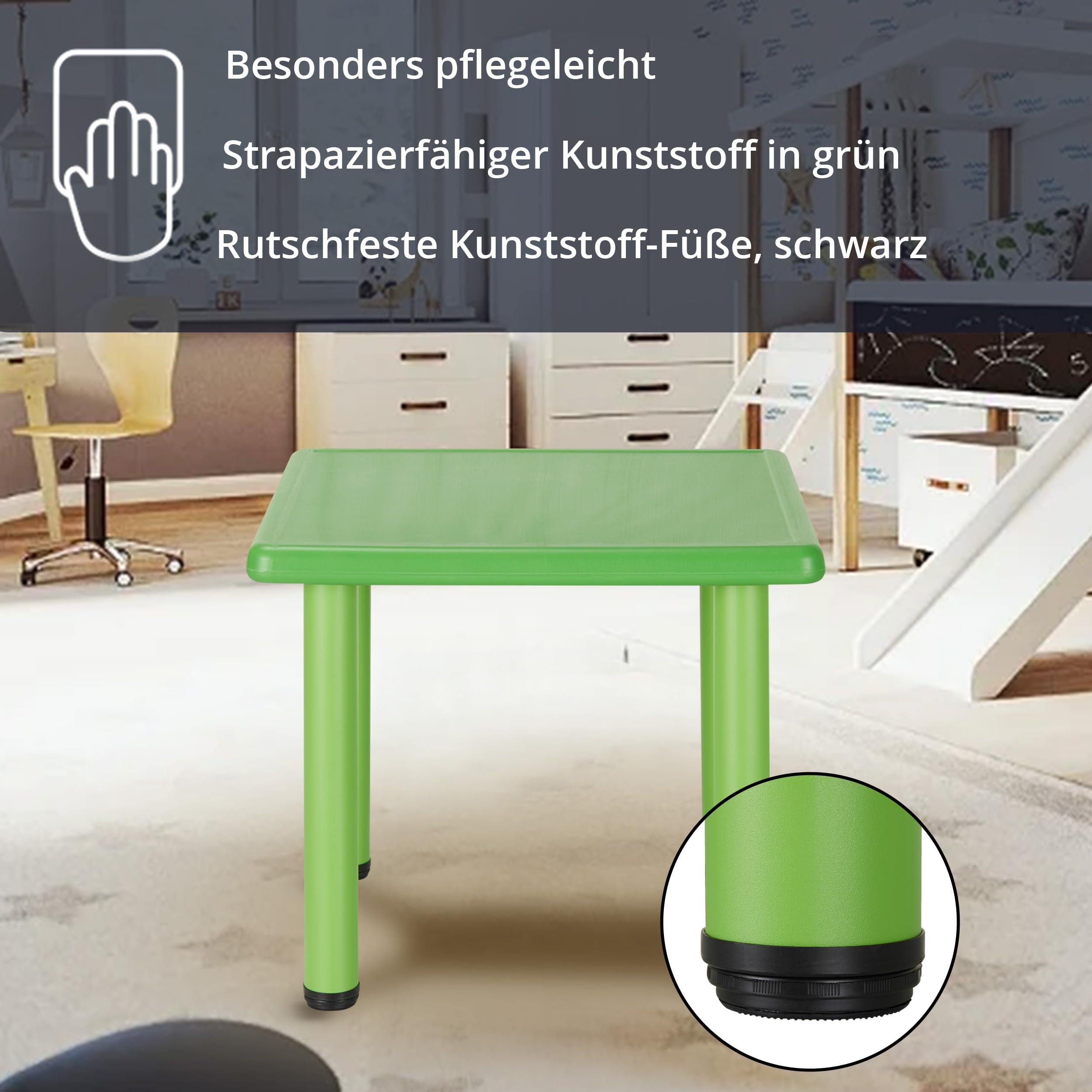 KHG Kindertisch Grün Sitzgruppe aus pflegeleichtem Kunststoff für Drinnen & Draußen, 30kg belastbar, sicher & geprüft 62x50x62 cm