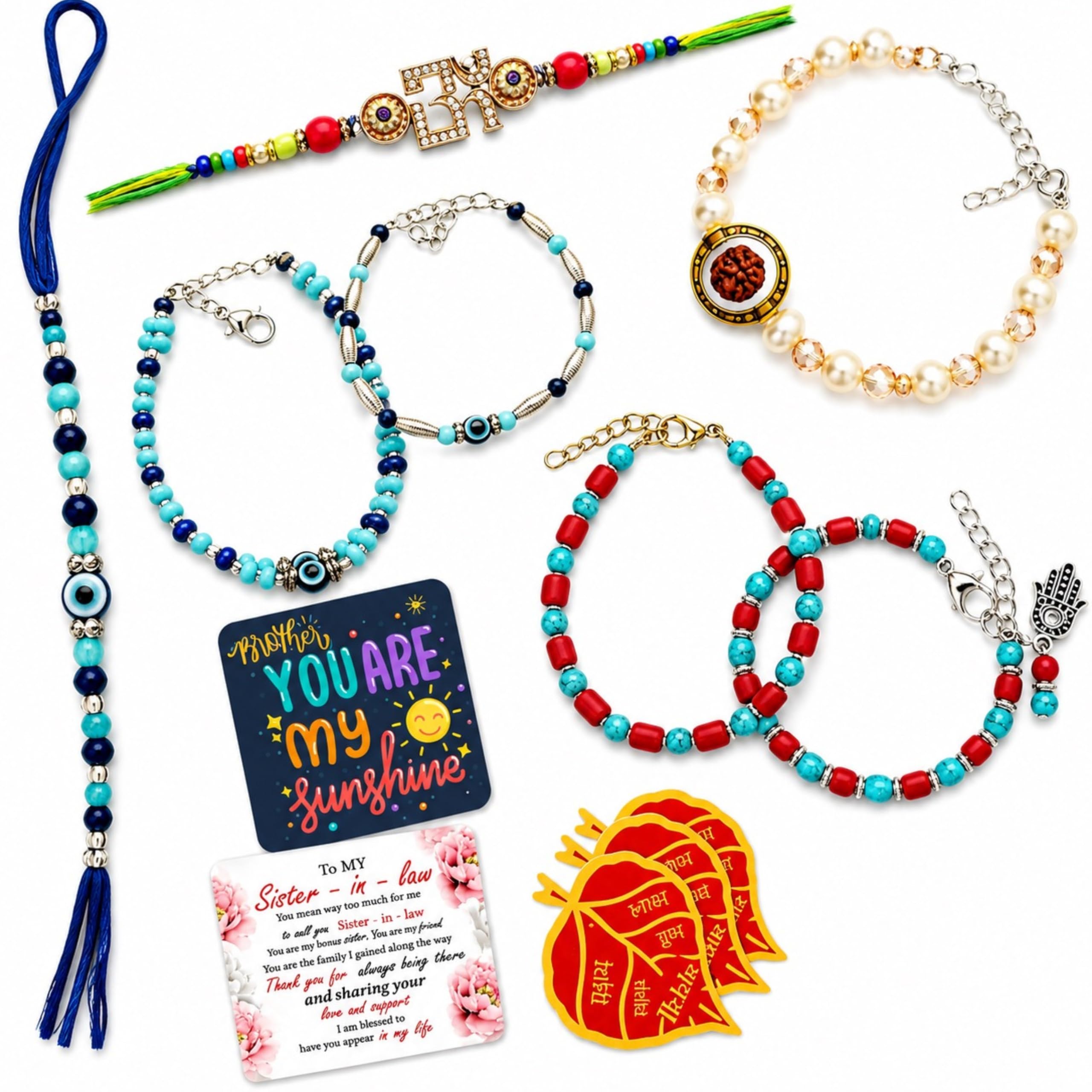Designer Religious Bhaiya Bhabhi Rakhi Lumba Gift Set - Om Rakhee, Evil Eye & Hamsa Hand Rudraksha Pearl Beaded Bracelets with Greeting Card, Fridge Magnets & 3 Shagun Tilak Cards for Raksha Bandhan-image-46