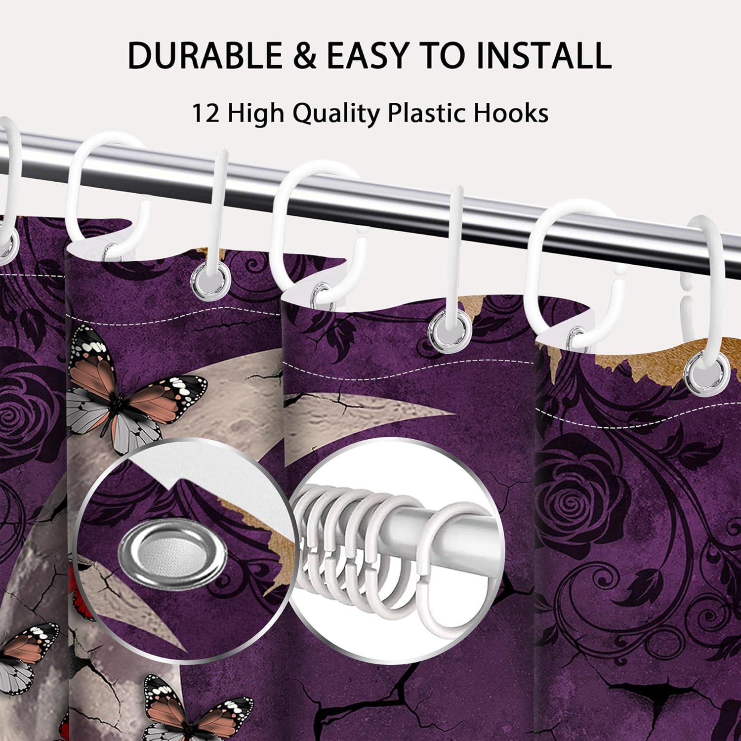 Purple Witchy Shower Curtain Gothic Moon Goth Shower Curtains for Bathroom Decor Sets Waterproof Cloth Fabric with Hooks, 70 x 84 Inch