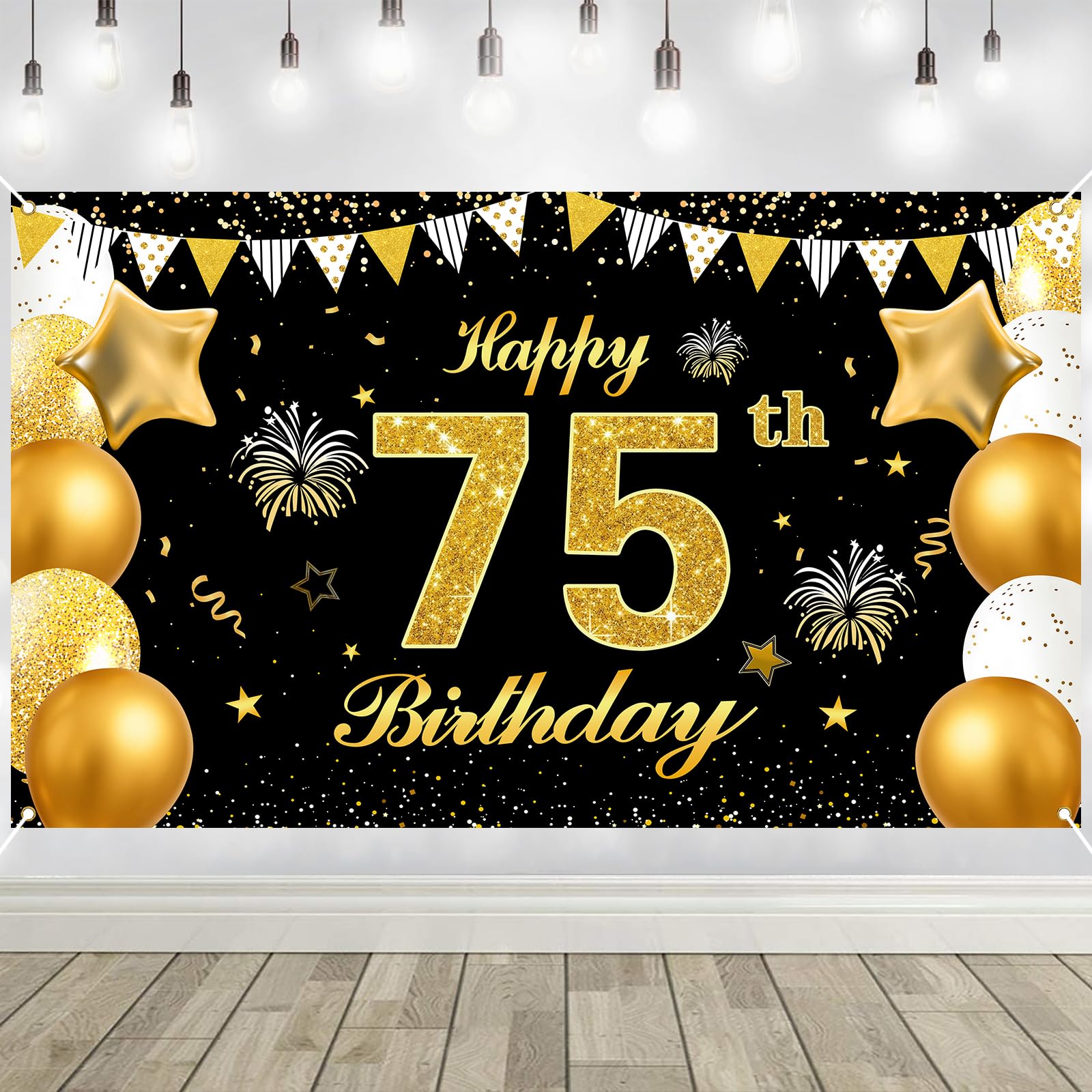 75th Birthday Decorations Banner Gold Black Happy Birthday Door Banner for Party Photo Backdrop for Men Women Home Outdoor Cover Party Decoration Supplies Poster