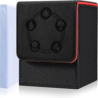 AFIING MTG Deck Box Card Storage Box for MTG Commander Cards  Fits 100+Sleeved Cards PU Leather Strong Magnet Card Deck Case for Magic Commander TCG Includes 100 PVC Card Holders(Black red)