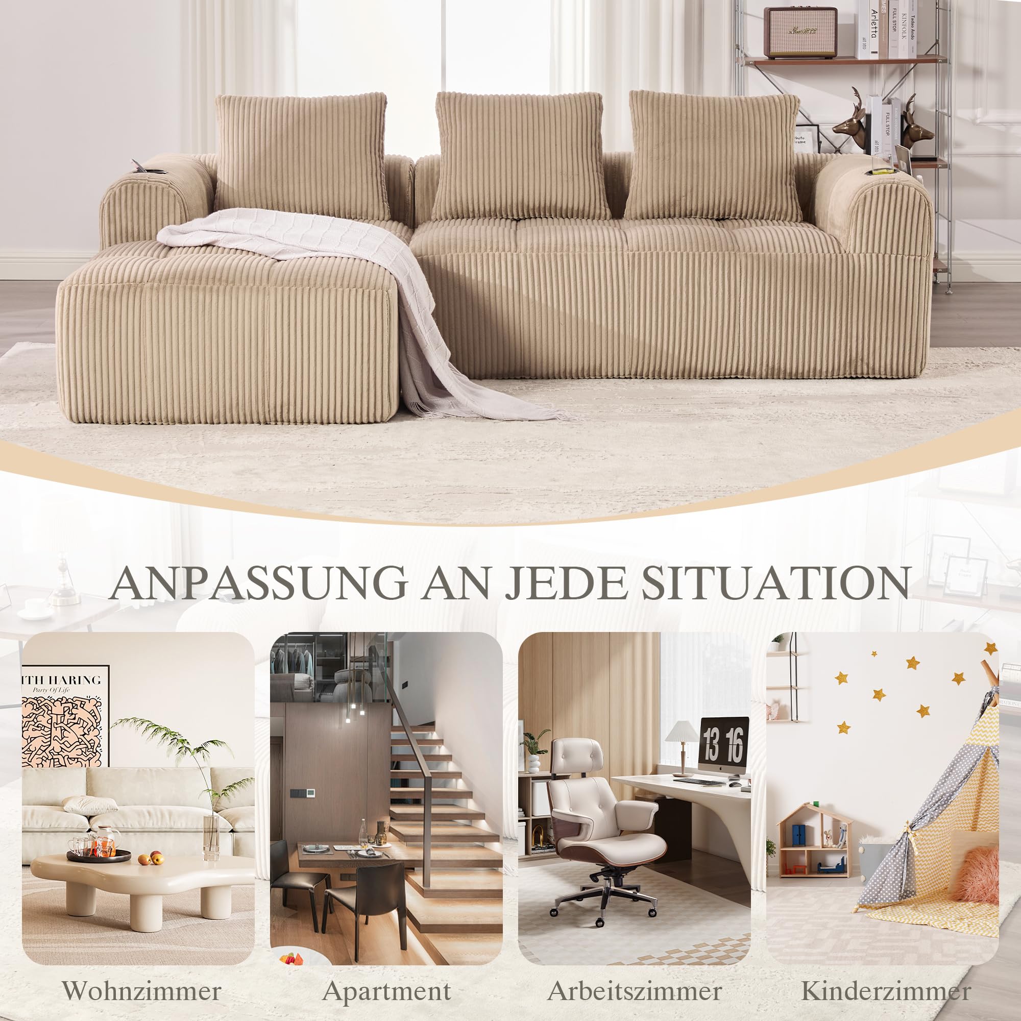 Soweiz Sofá compacto de pana – Sofá modular suave con bolsillo lateral y soporte para bebidas, comodidad para sentarse durante mucho tiempo, incluye 3 almohadas. Para salón, estudio y más (caqui)