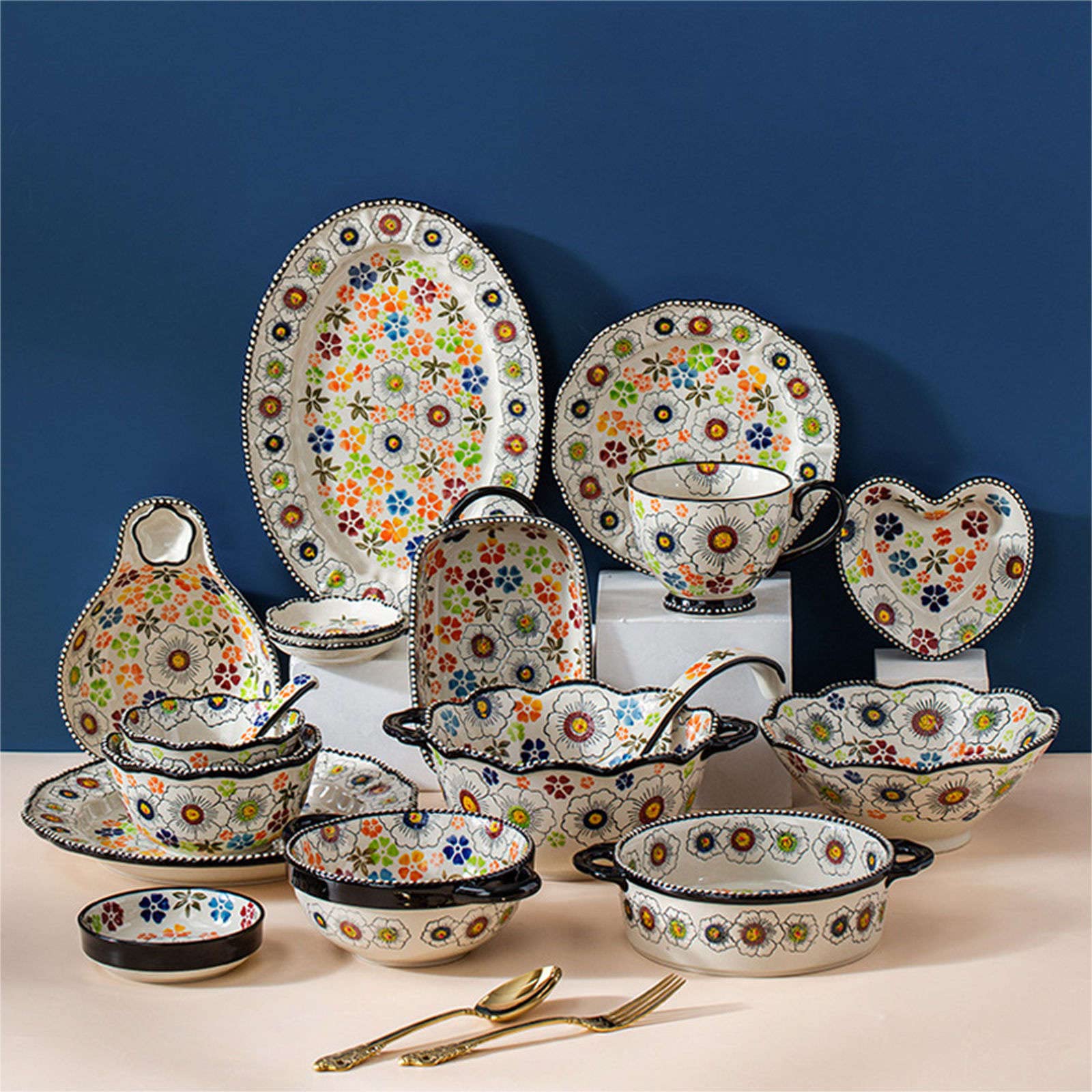 Ceramiczne naczynie do pieczenia do piekarnika, małe naczynie do zapiekania z uchwytami, piekarnik ceramiczny do pieczenia kolorowe kwiaty B-okrągłe 950 ml