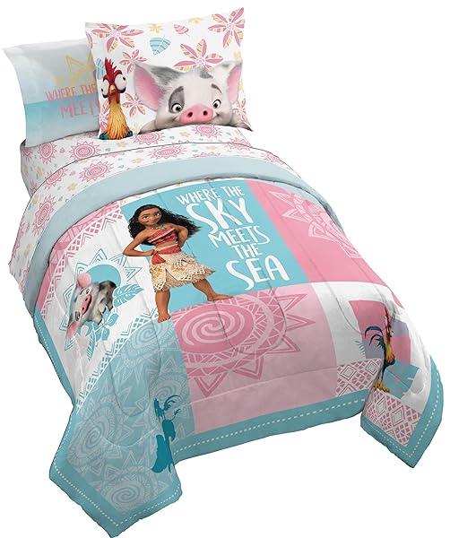 Jay Franco Disney Moana Twin Comforter Set â€“ Tropical Patchwork 5 Piece Bedding Features Pua and HEI HEI - Includes Sheet Set & Pillow Covers - Super Soft Kids Microfiber Bed Set
