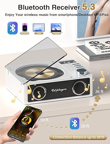 Miniatura 6 de Reproductor de CD recargable de 4000 mAh con reproductor de CD Bluetooth con altavoces dobles grandes, reproductor de música de CD retro con control