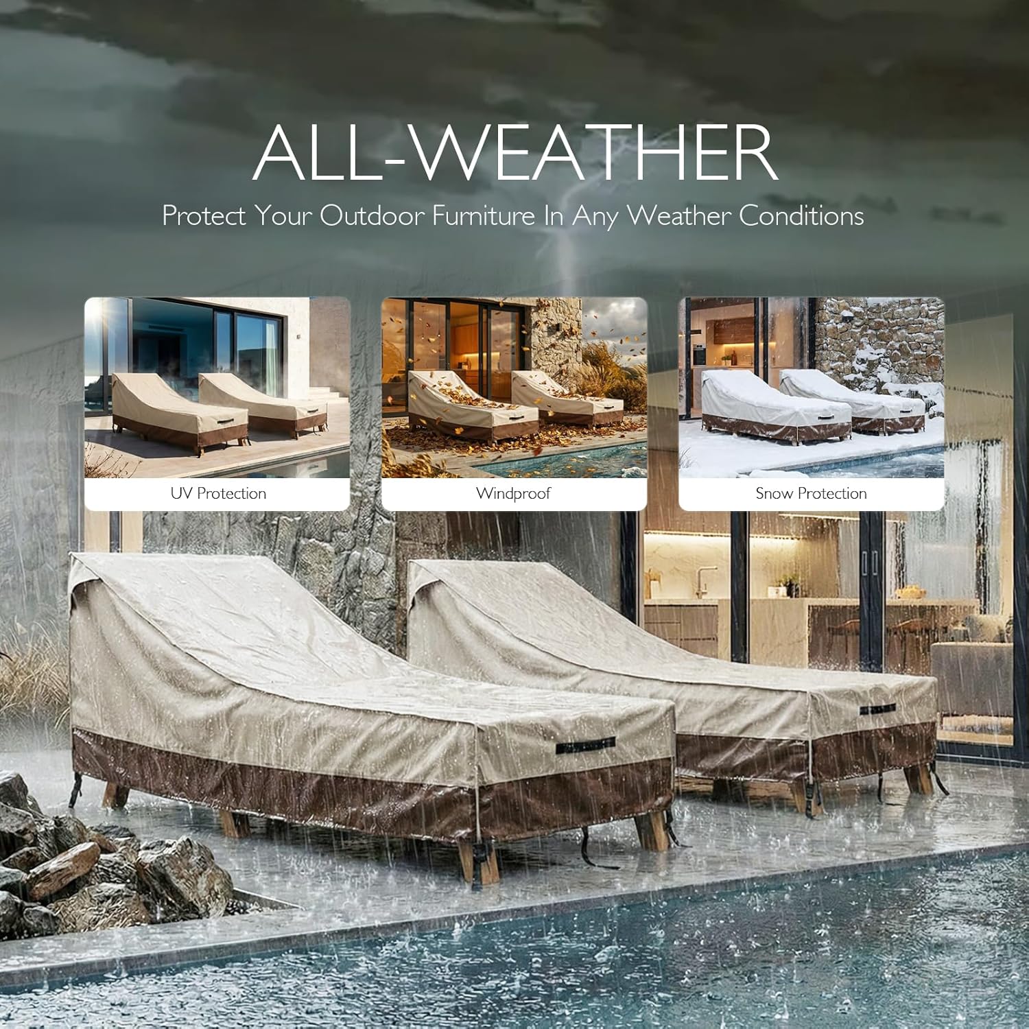 Waterproof Outdoor Lounge Chair Covers Patio Chaise Lounge Cover Heavy-Duty Pool Lounge Chair Covers for Outdoor Furniture (Beige-Brown, 76''x32''x32''-2pcs)