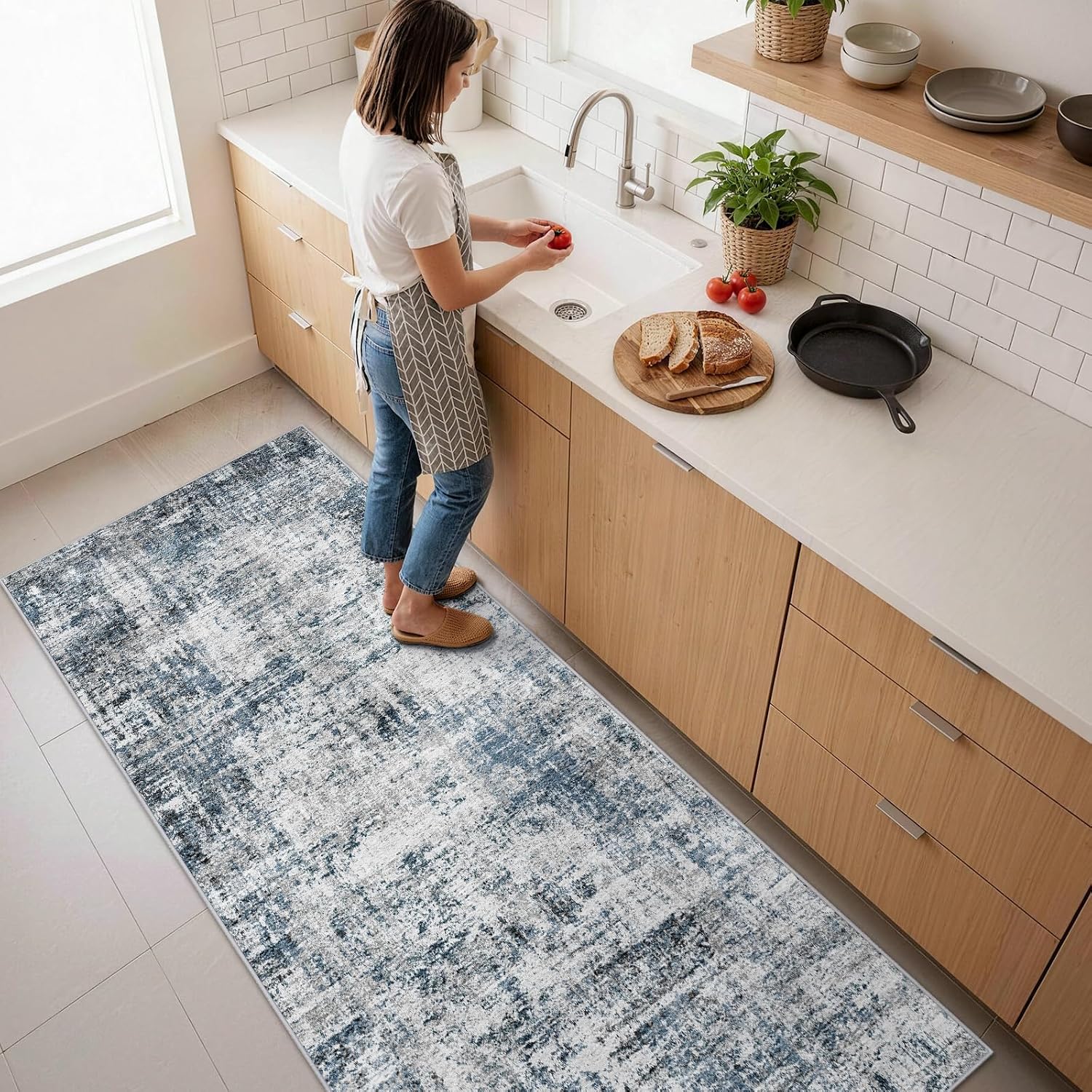 2x6ft Abstract Carpet Runners for Hallway: Machine Washable Area Rug Blue image 3