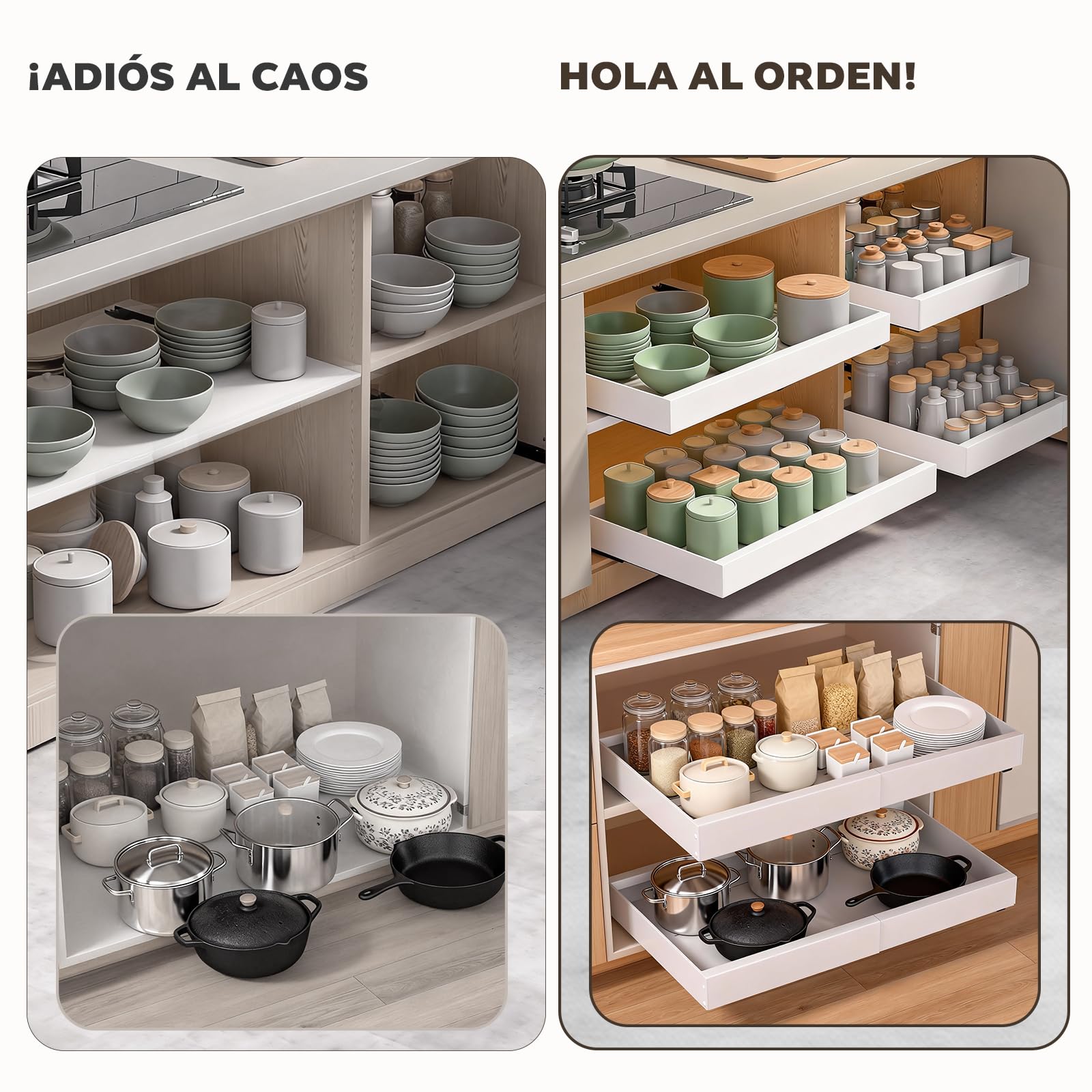 Paquete de 2 Organizador de Armario Extraíble Blanco – Ancho Ajustable 32-53 cm, Profundidad 42 cm – Cajón con Adhesivo para Cocina, Sin Taladrar