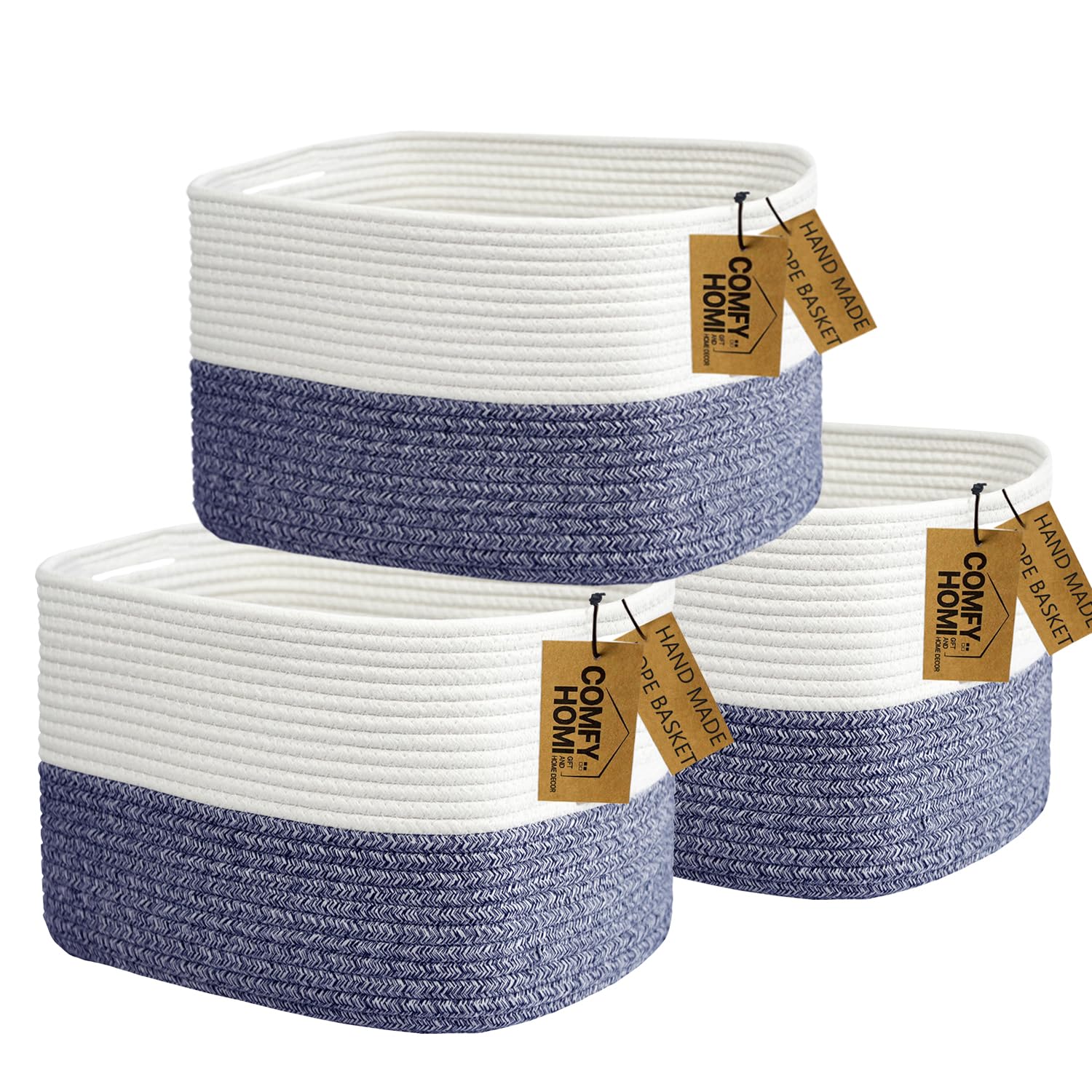 COMFY-HOMI 3 Pack Medium Cotton Rope Basket with Handles for Shelves, Dog Toy, Baby, Gift Organizing, Handwoven Craft - New Generation 13.5" x 11" x