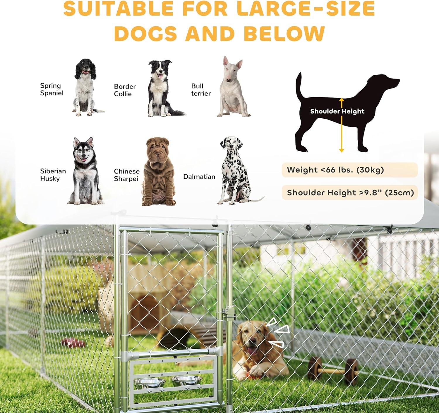 Guide for suitable dog sizes with shoulder height and weight limits