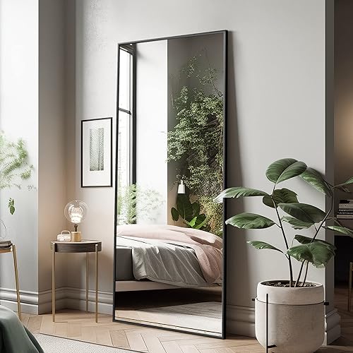 Espejo de cuerpo entero de aleación de aluminio, marco delgado, para colgarse o como espejo de piso apoyado contra la pared, para dormitorio,