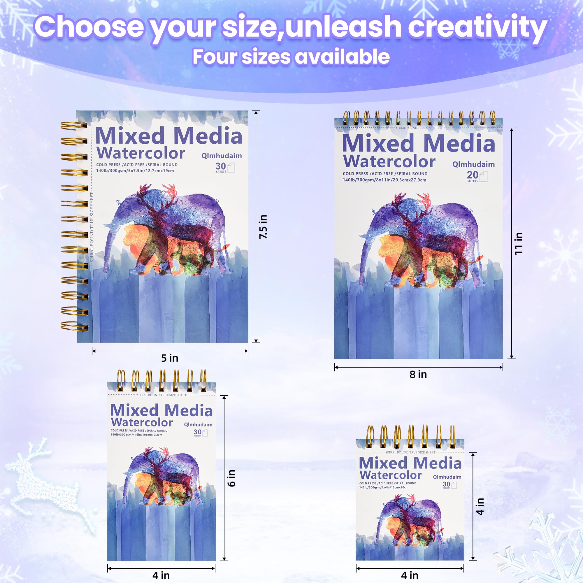 Qlmhudam Watercolor Paper Pad 8" x 11" - Heavyweight and textured paper Sketchbook,Spiral Bound, 20 Sheets 140lb/300g sketch pad, Watercolor Sketchbook for Wet & Dry Media,Drawing ，& Painting Journals