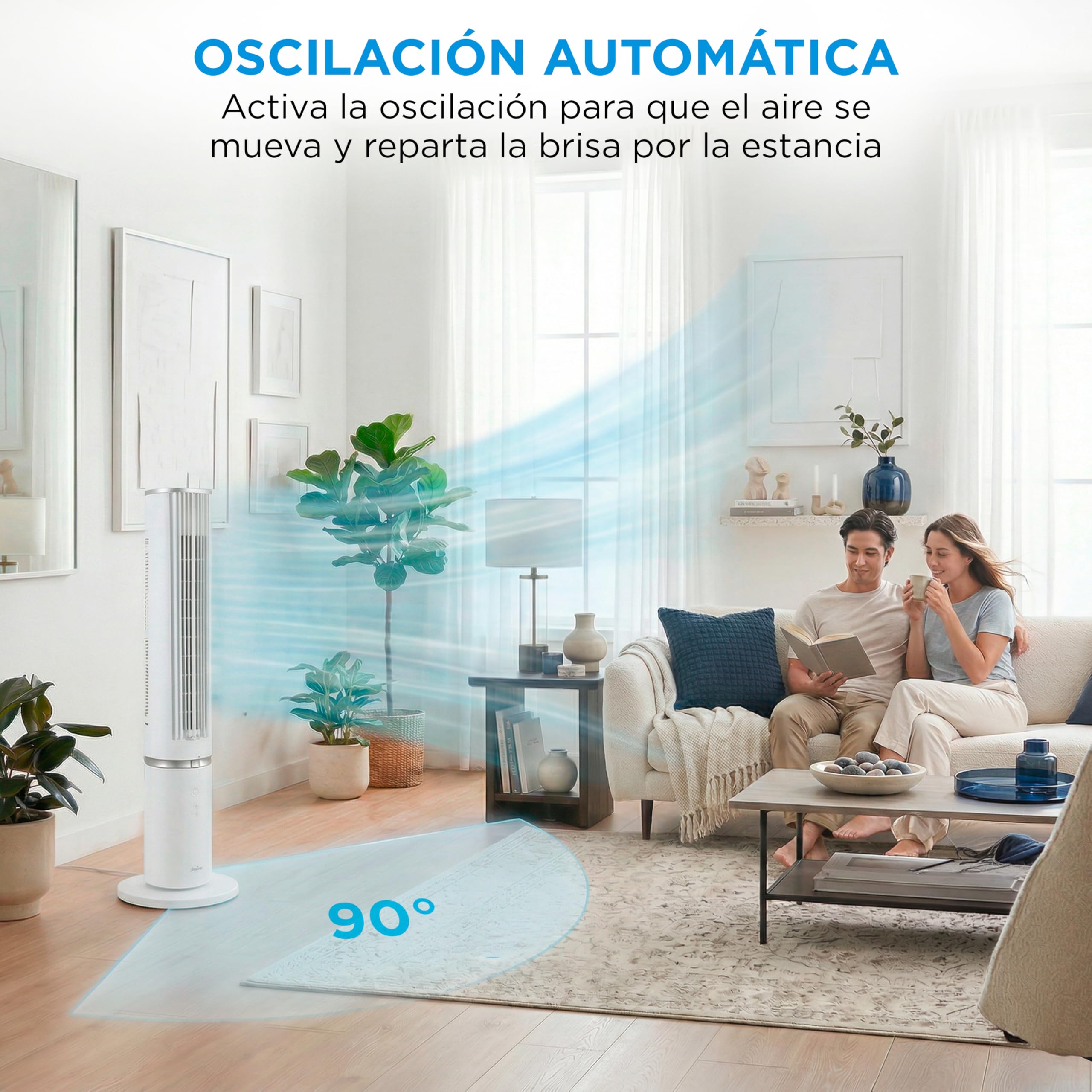 Midea Ventilador Torre con Mando a Distancia de 4 Velocidades - Ventilador de Torre Silencioso con Oscilación 90º, Temporizador 7h, Distancia 9m/s, 2 Modos, con Caja de Aromaterapia y Modo Sleep
