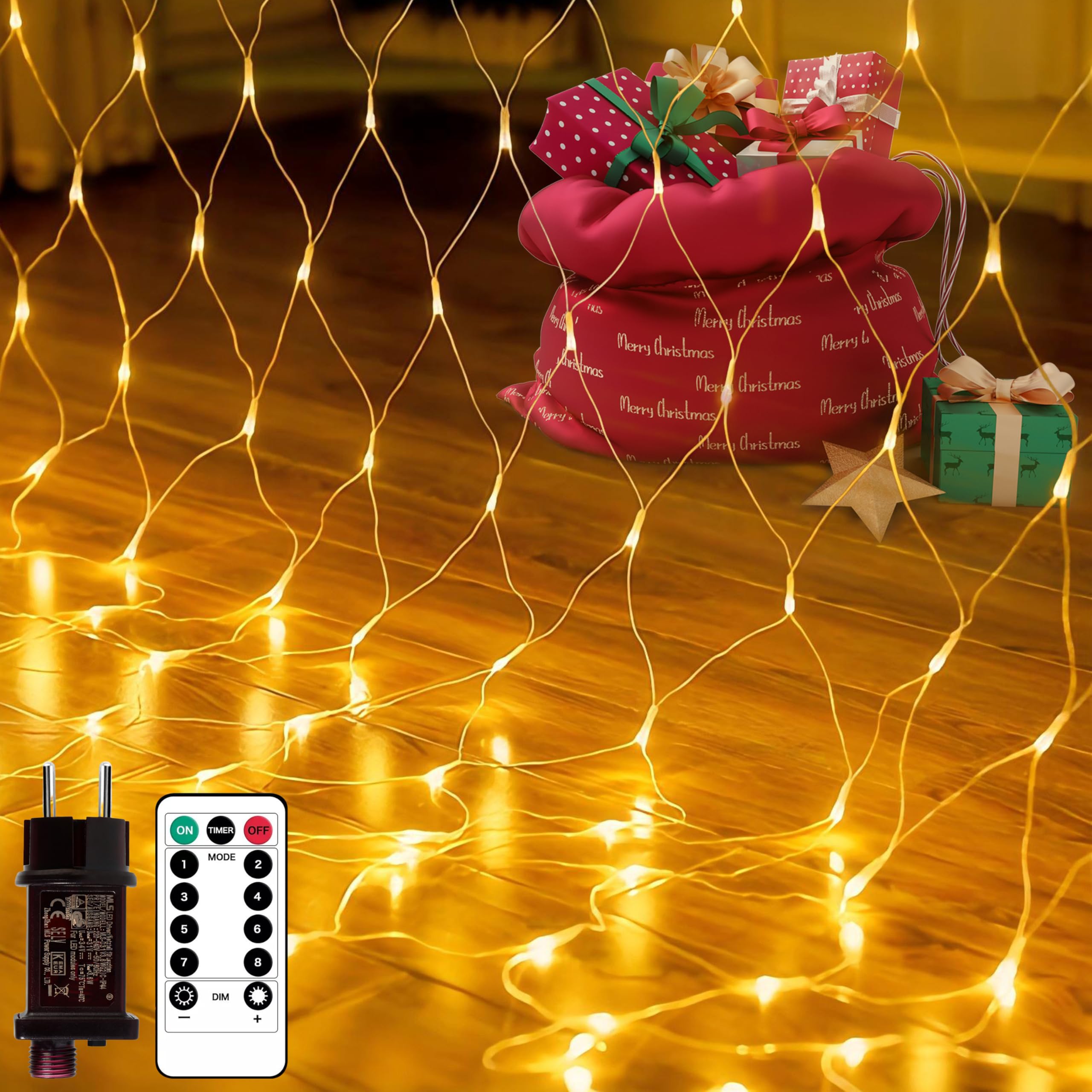 Kimuwote 200 LEDs Guirnaldas Neta Luz Exterior, 3M X 2M Luz de Red, 8 Modes Impermeable con Control Remoto, Temporizador, Regulable, Decoracion para Navidad, Fiesta, Patio, Jardin, Blanco Cálido