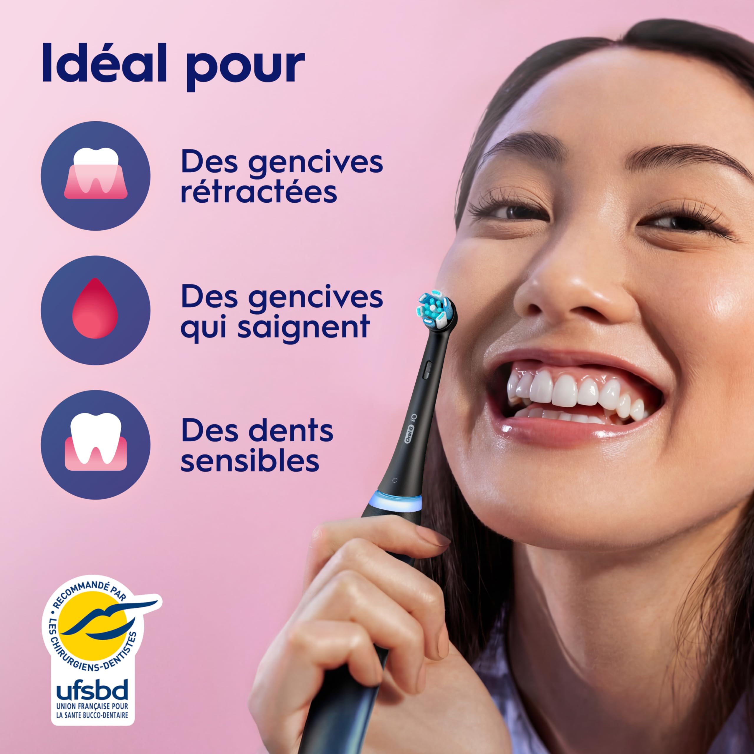 Oral-B Brosse à Dents Electrique iO 3, 3 Brossettes de Rechange, Noire – 3 Modes de Brossage Silencieux dont Douceur et Blancheur, Capteur de Pression sur les Gencives, Batterie Rechargeable
