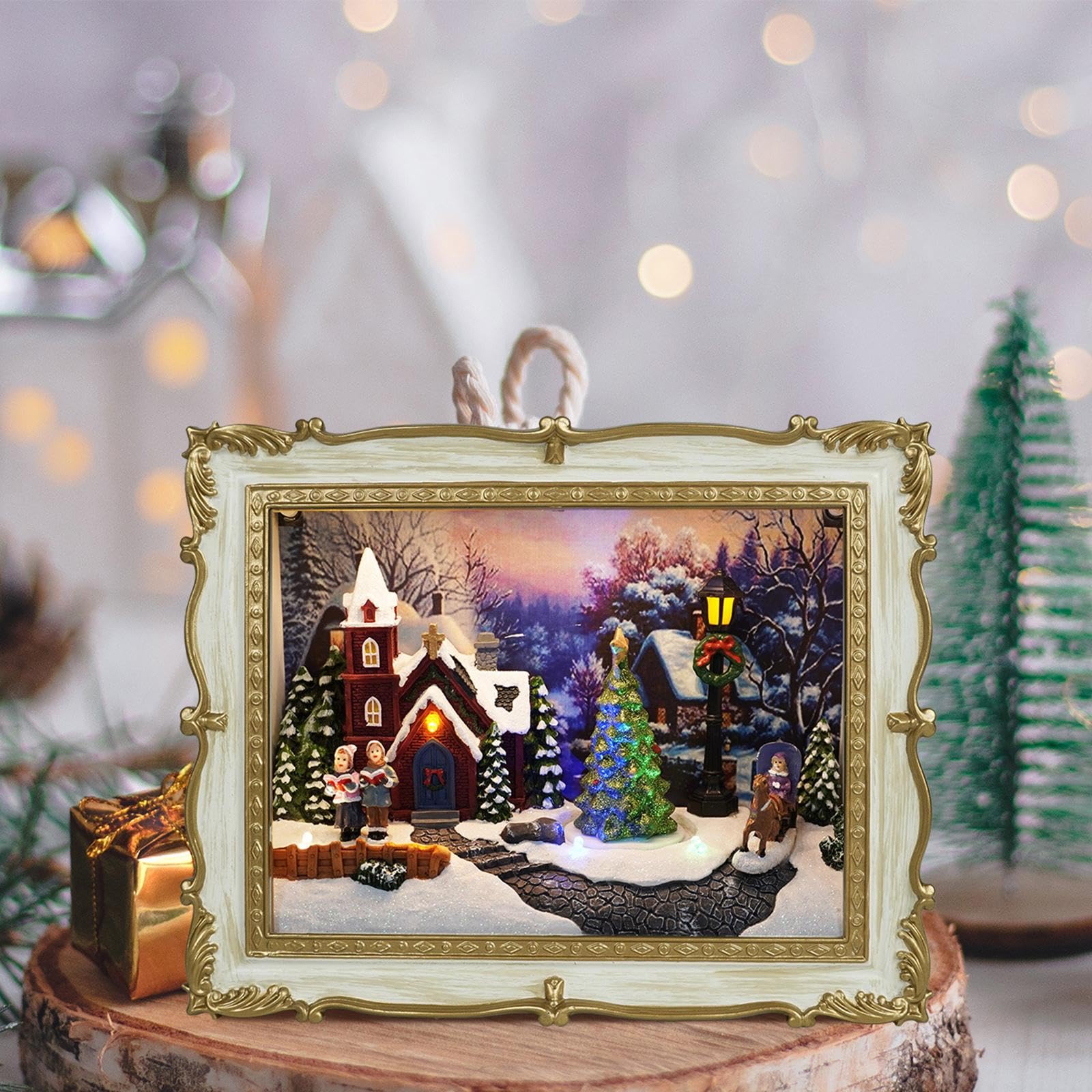 Decorazione Natalizia a Forma di Casa di Paese, Albero di Natale Rotante, Villaggio Invernale Innevato, Edifici, Statuetta in Resina, Set di Città di