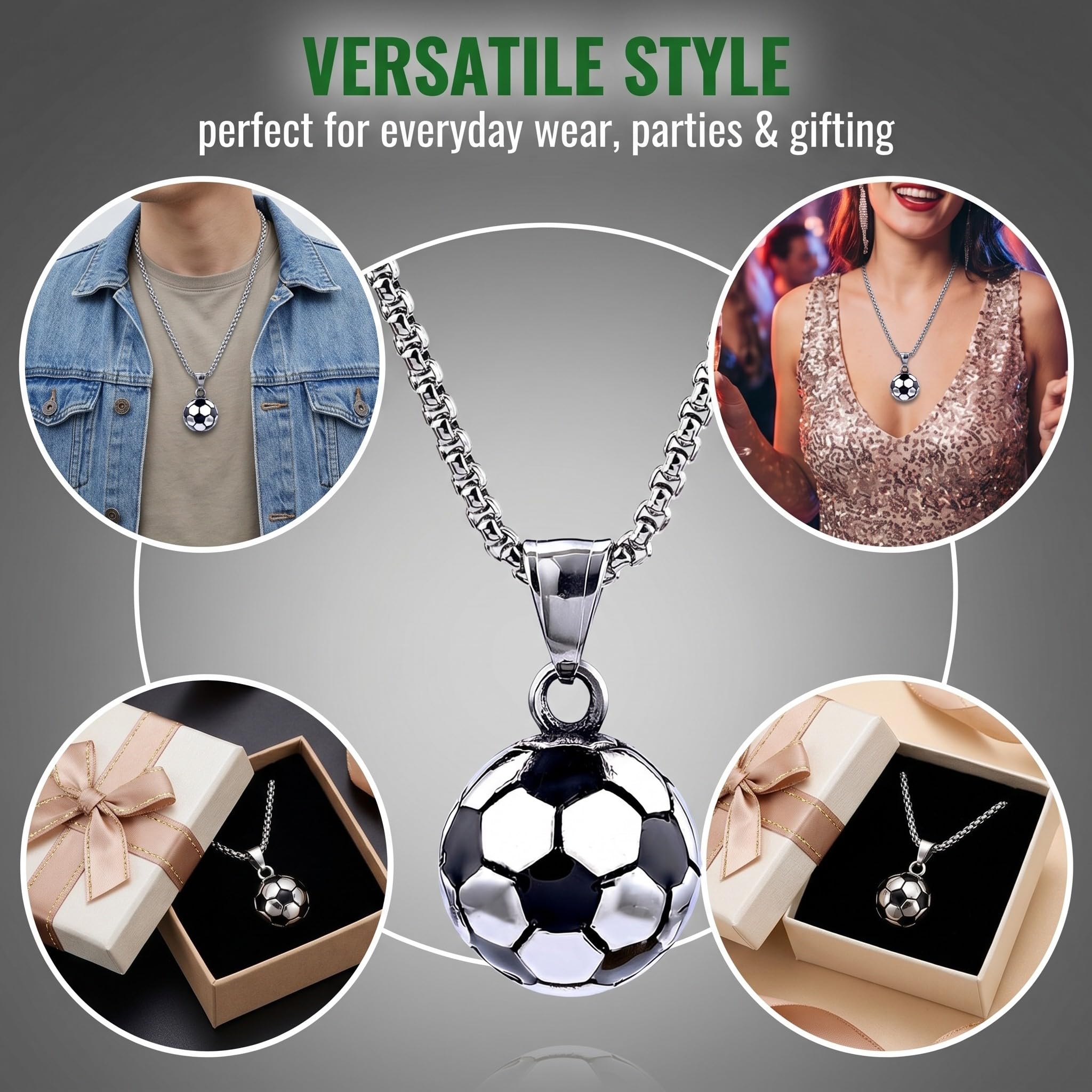 1 Collar de fútbol en acero inoxidable, colgante de balón para niños y adultos, plateado