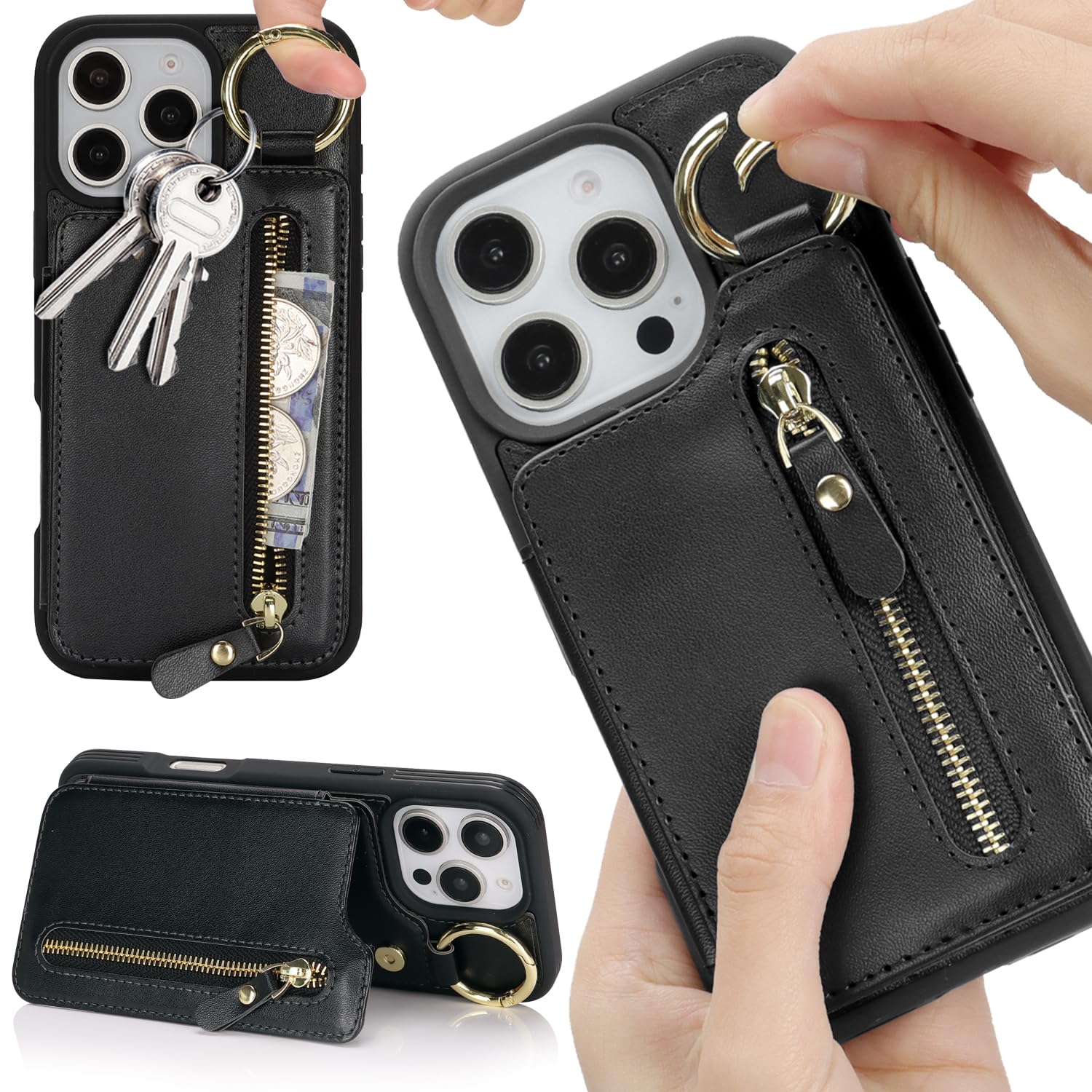 Havaya Custodia IPhone 16 Plus In Pelle Con Porta Carte E Cerniera - Colore Albicocca, Con Portachiavi E Stand