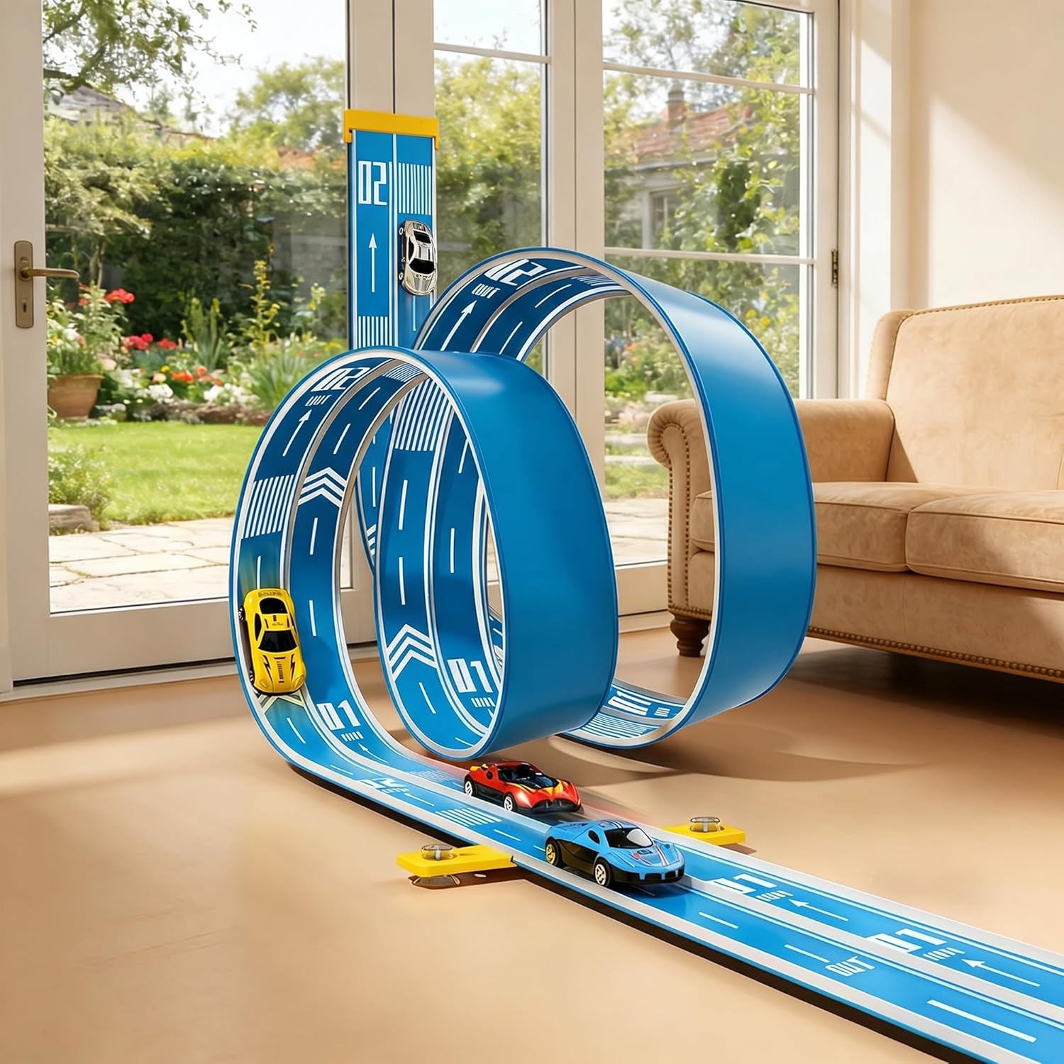 16.4Ft Flexible Race Track for Kids Ages 3+, Patterned Dual-Lane Roll Up Race Track Set with 4 Toy Cars & Suction Cups, Compatible with 1/64 Diecast Cars, Portable DIY Racing Toy(Daytona Blue)