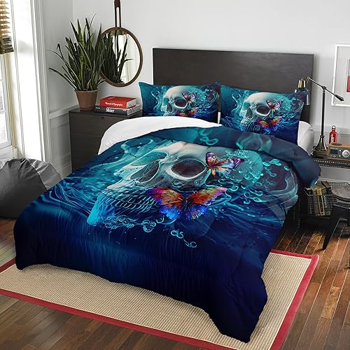 Miniatura 2 de AILONEN Juego de edredón de calavera, tamaño Queen, juego de ropa de cama 3D de calavera con salpicaduras de agua azul para niños y niñas,