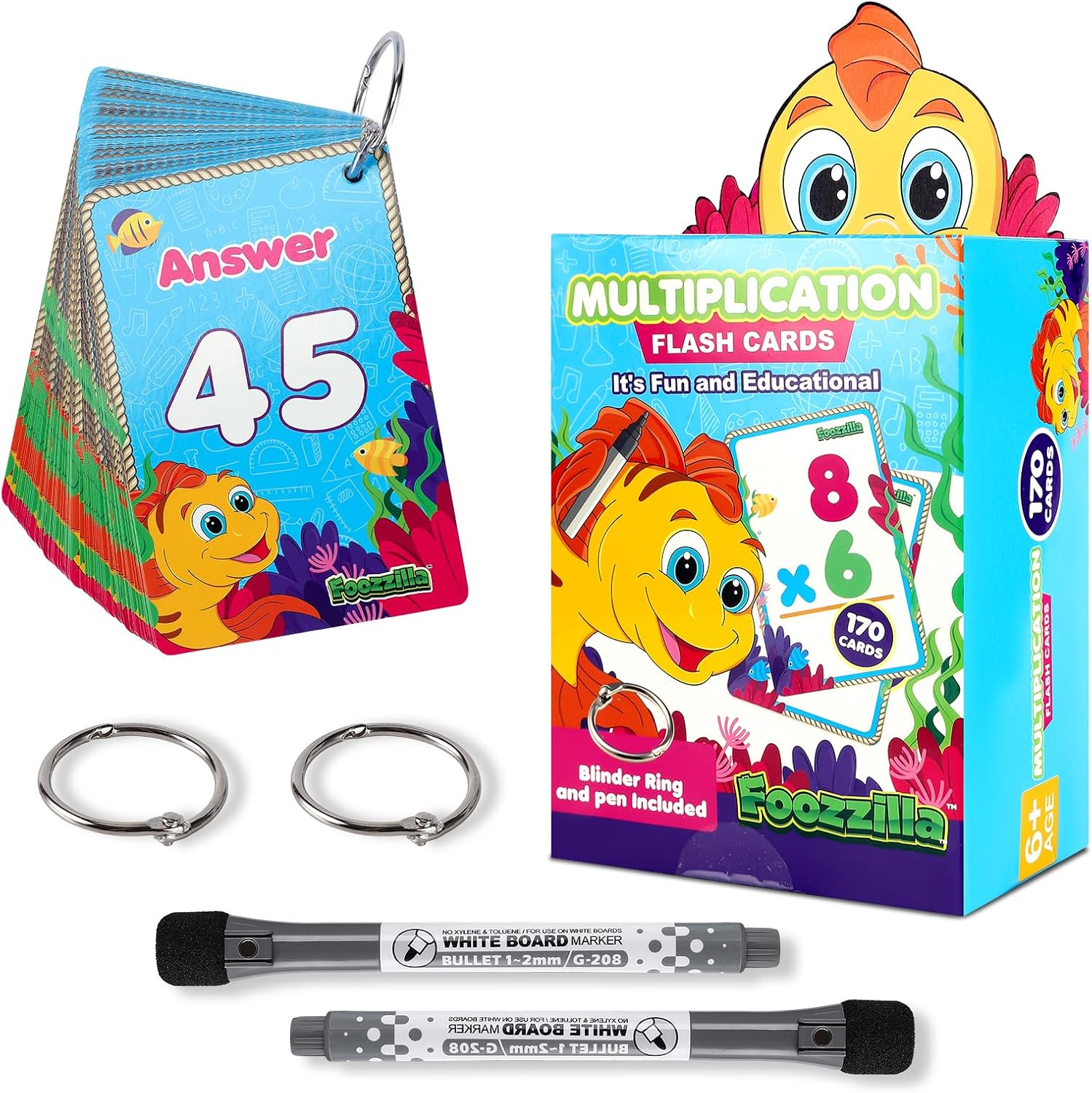FOOZZILLA Math Flash Cards – 170-Pack Multiplication Flash Cards for Kids – Hole-Punched Flashcards with 2 Binder Rings and 2 Markers – Fun and Educational Learning Tools for Children 8+ Old