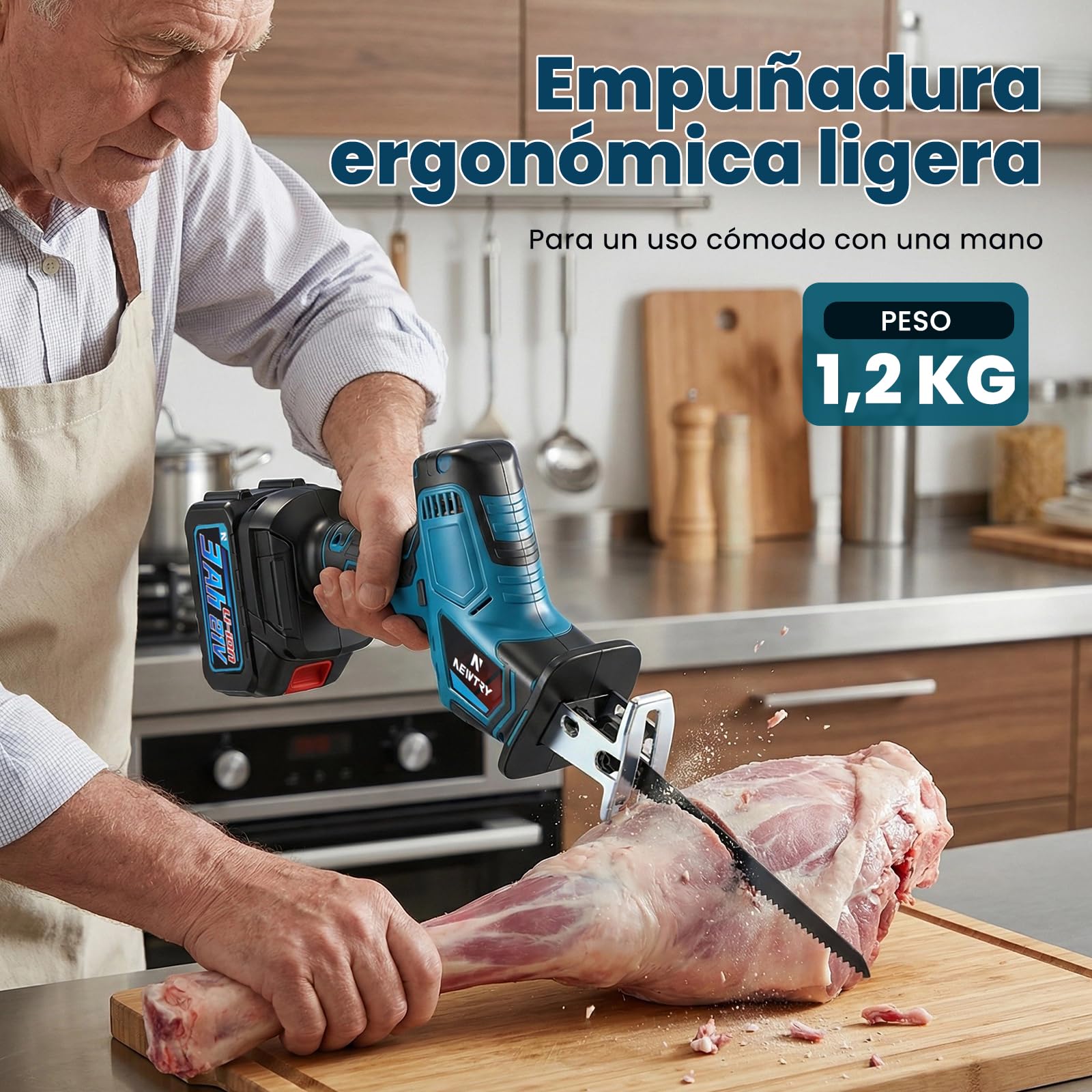 NEWTRY Sierra huesos inalámbrica 3000mAh 3500RPM 4 hojas carnicero | Sierra sable eléctrica, inalámbrica, potente, duradera, para carne, huesos, uso doméstico, matadero, alta eficiencia