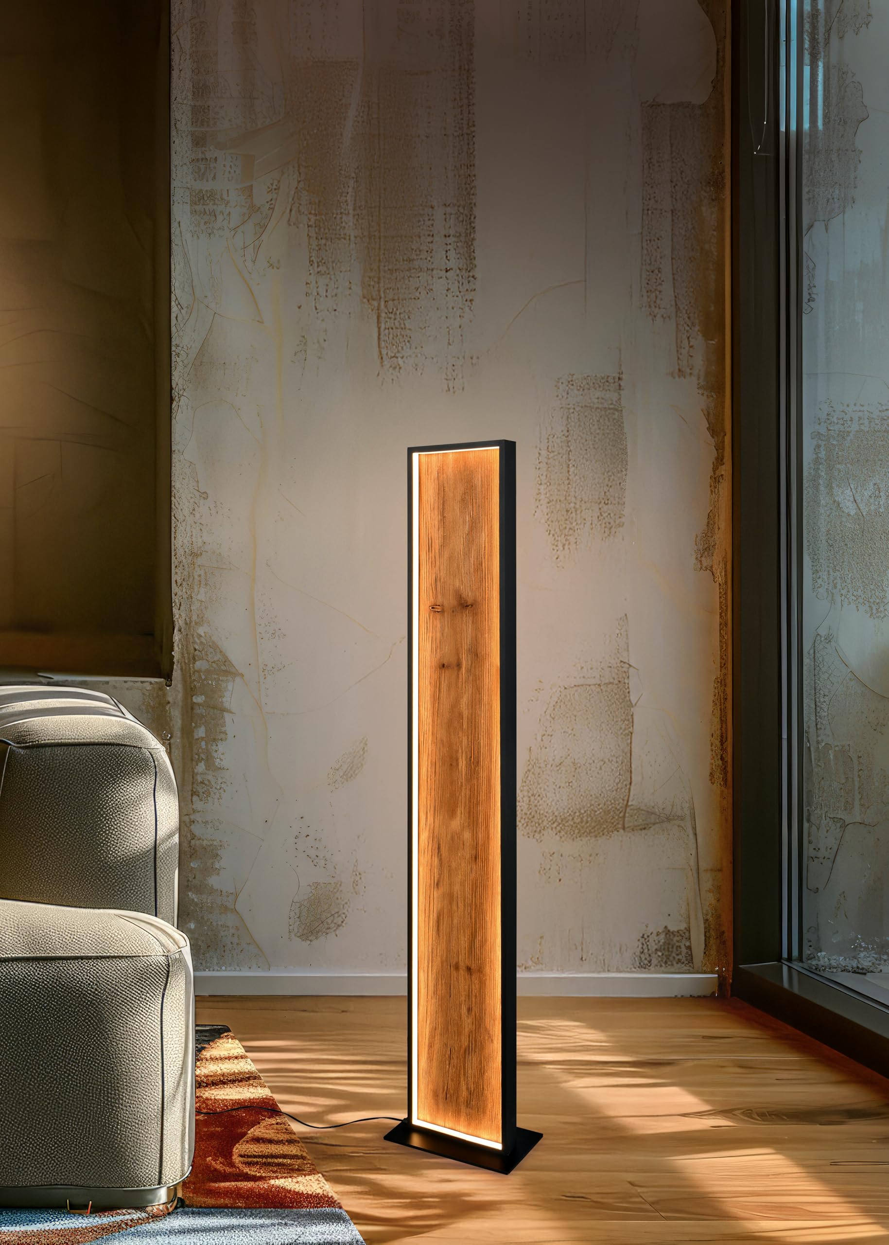Trio Leuchten LED Stehleuchte Kalea 455510130, Metall Schwarz matt, Holz Kiefer, 35 Watt LED, 4-fach Fuß-Dimmer