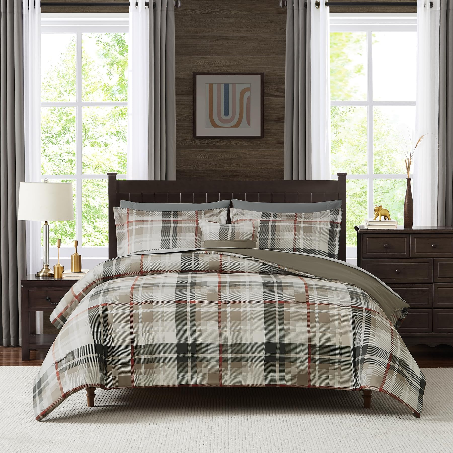 AMBERSPACE Blue Full Size Comforter Sets, Plaid Comforter