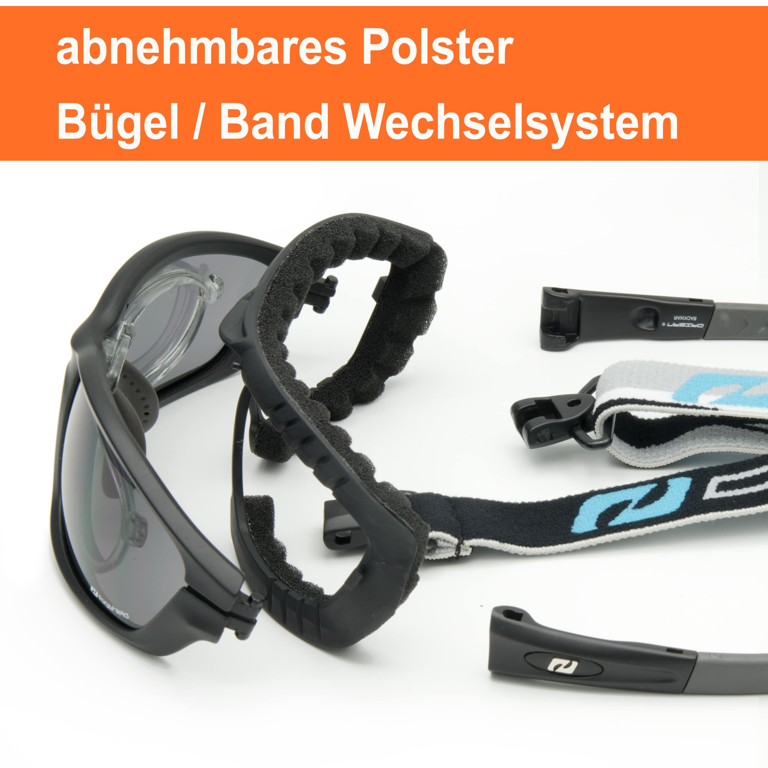 Daisan® - Bikerbrillen | Motorradbrille für Brillenträger | beschlagfrei winddicht | klare für Nacht und orange Kontrastgläser| Bügel, Band, Sehstärke System