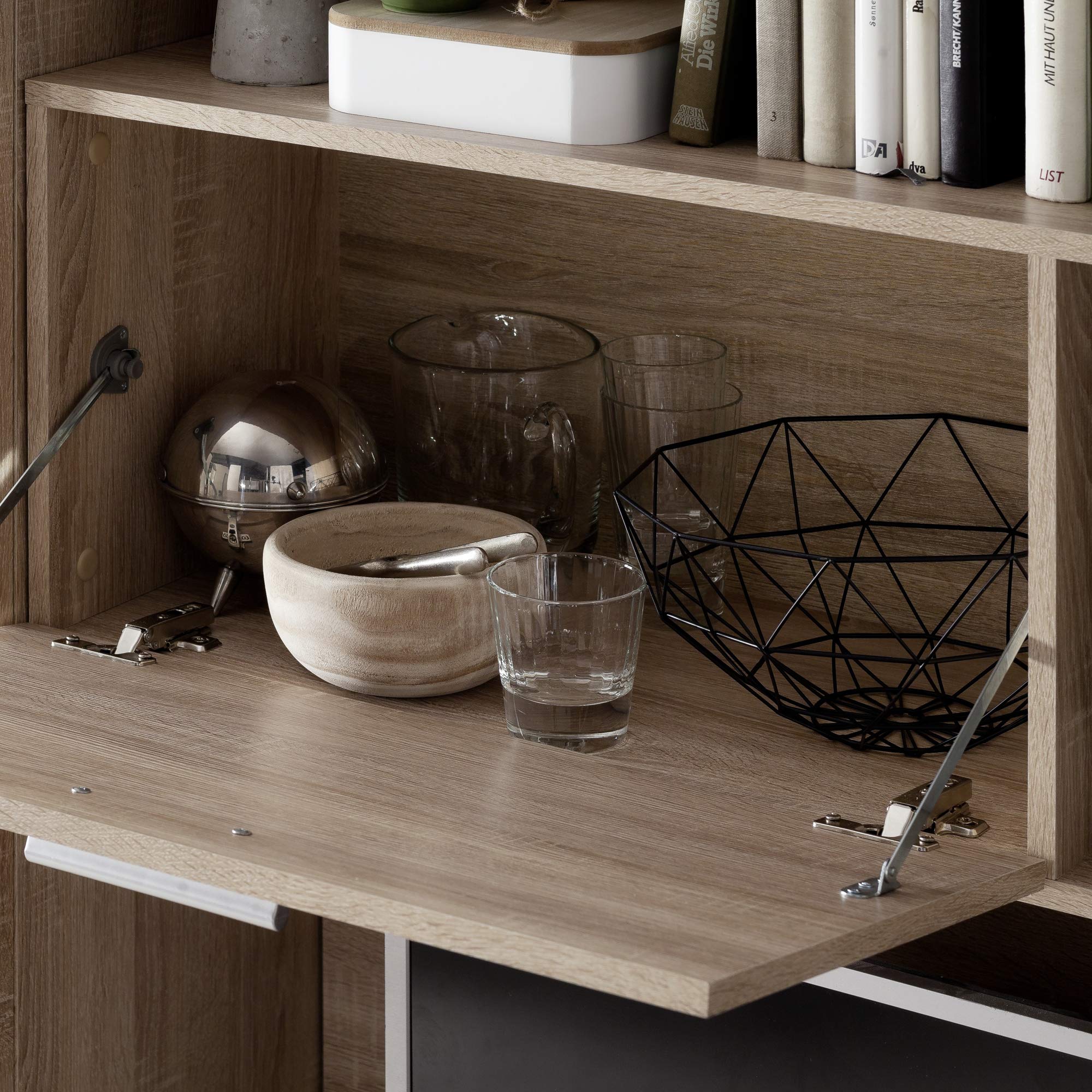 trendteam smart living - Mondeo - Wohnwand - Eiche - Anbauwand mit 4 Türen, 5 offenen Fächern, 3 Klappen und 7 Einlegeböden - (BxHxT) 291 x 197 x 41 cm -viel Stauraum für Ordnung.