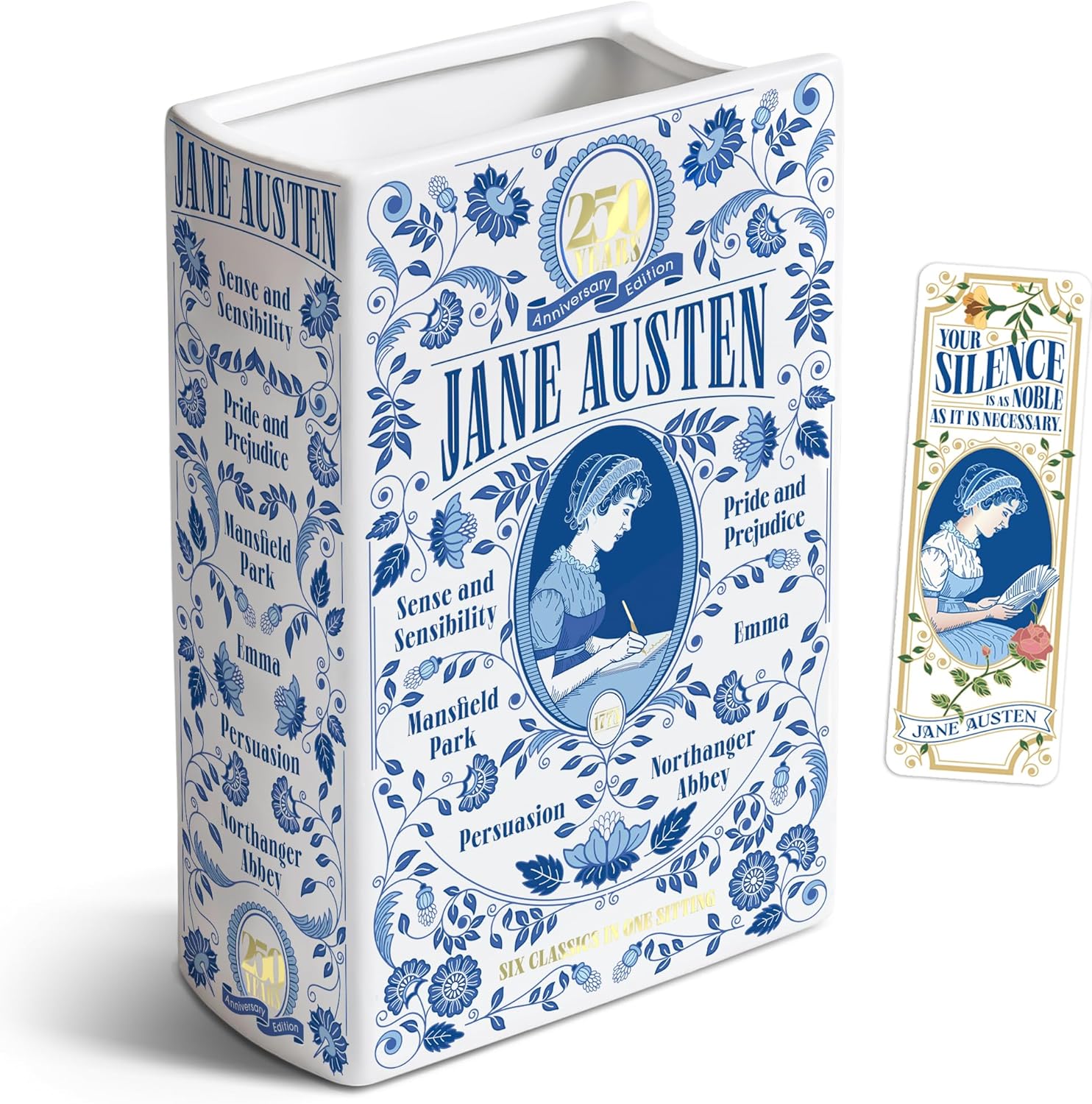H&H + 6 in 1 + Jane Austen Book Vase for Flowers + Bookmark + Emma, Mansfield Park, Sense and Sensibility, Northanger Abby, Persuasion, Pride and Prejudice Merch + 2025 Jane Austen Anniversary Edition