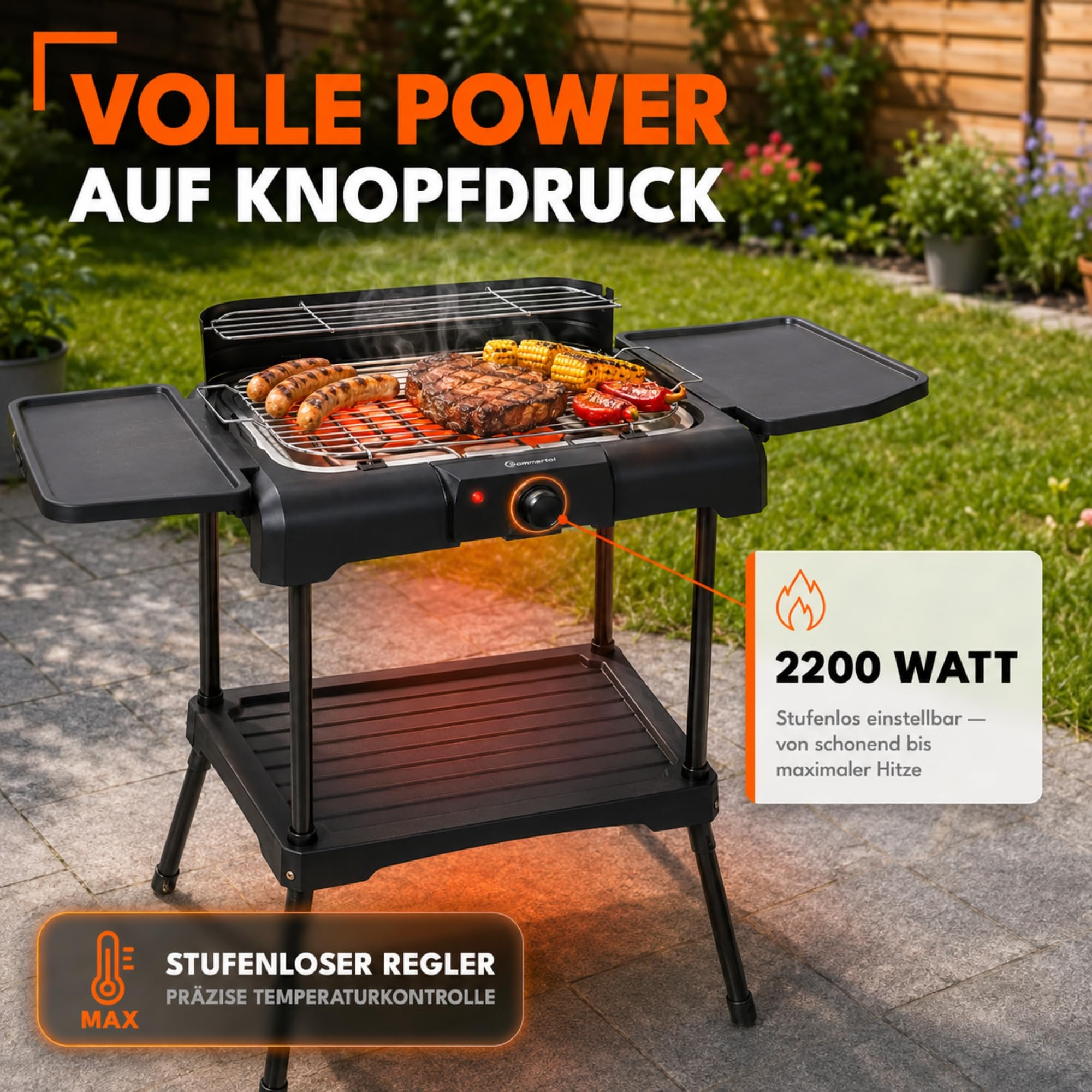 Sommertal BBQ231, barbecue elettrico | Barbecue da balcone | 2200 W | Barbecue da campeggio | 2in1 | Regolatore di temperatura senza scalini | Superficie di appoggio | Riscaldamento rapido |