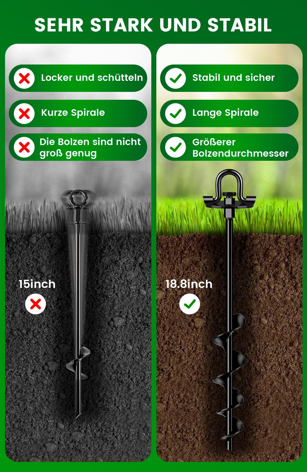 Piquets 40 cm 4 pièces avec sangles, double fixation pour ancrages au sol, piquets robustes à visser, idéal pour accessoires de trampoline, résistant au vent fort - 4