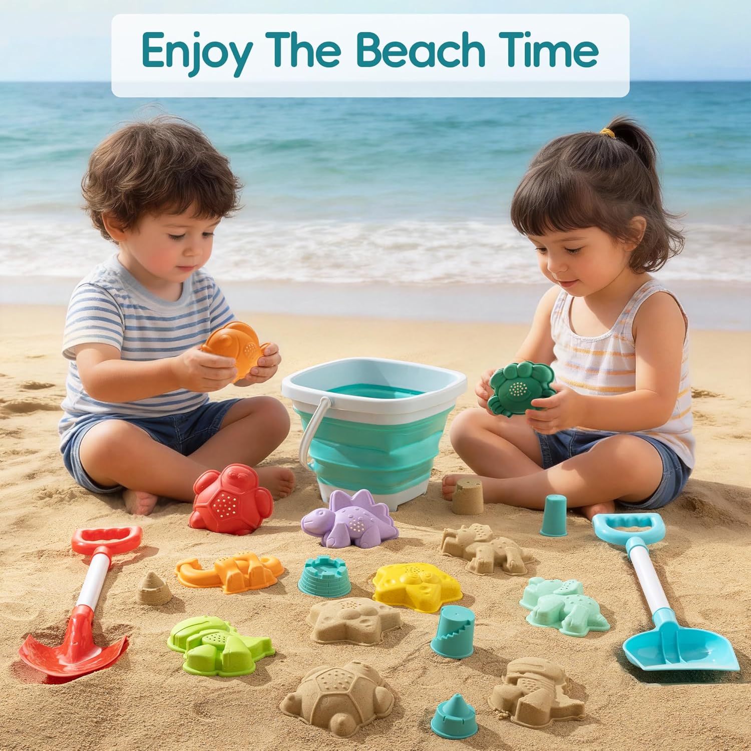 Sawaruita Beach Toys for Kids - Sand Toys Set Includes Collapsible Bucket Shovel and Mesh Bag 17 PCS, Toddlers Sandbox Toys Sandcastle Building Kit (Kids Beach Toy Set)