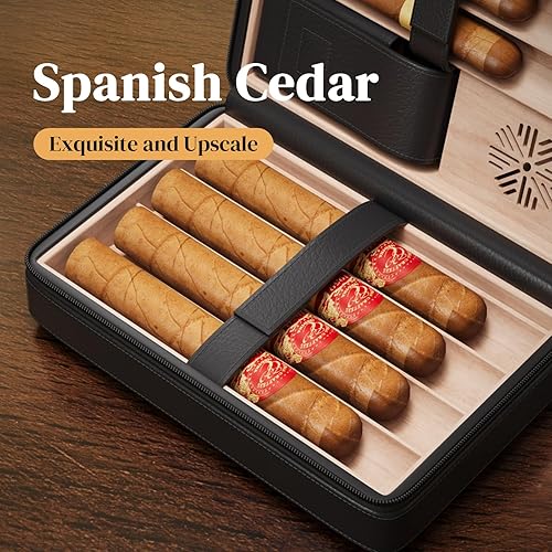 Miniatura 4 de Puffaland Caja de humidor de cigarros negro de cuero de viaje de madera de cedro con encendedor de cigarros y ponche de puros Luz