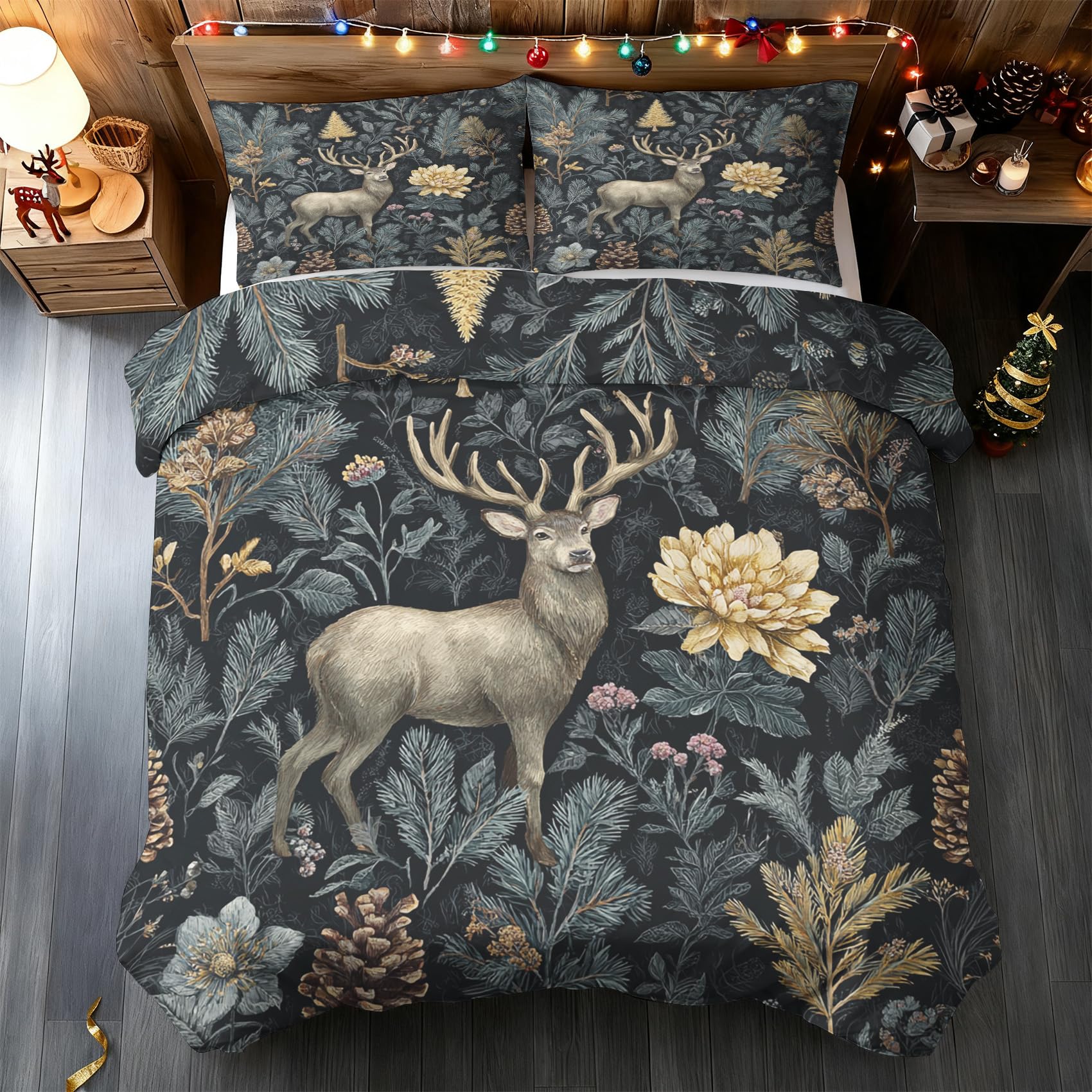 Housse de Couette 220x240 Cerf Forêt Parure de Lit Microfibre Réversible L-39