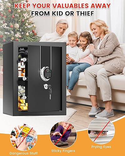Miniatura 8 de Caja de seguridad biométrica de 1.3 pies cúbicos, caja fuerte a prueba de fuego para documentos del hogar con bloqueo de huellas dactilares, teclas