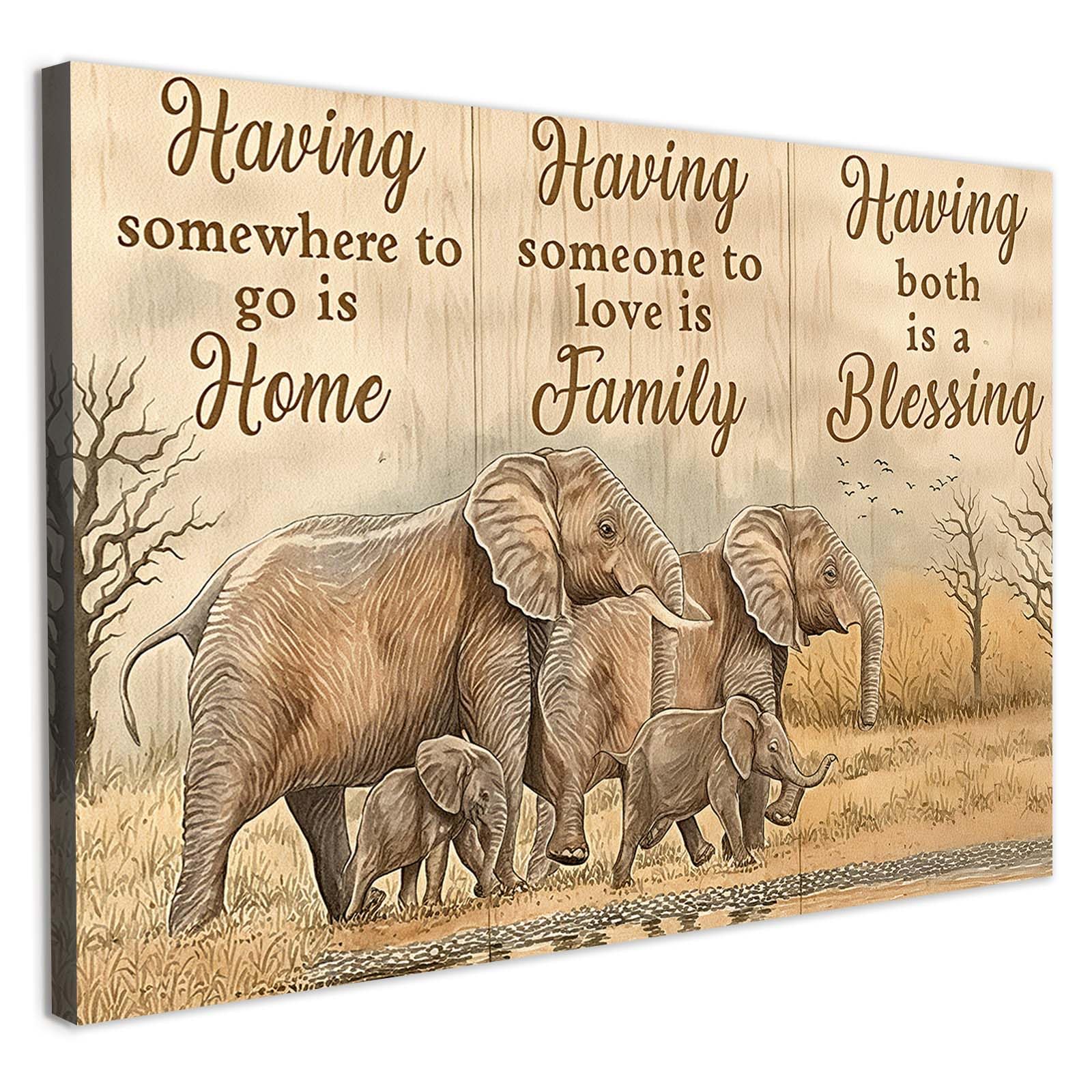 Galmcook Framed Canvas Wall Art Elephant Family Inspirational Quote Rustic Farmhouse Animal Picture Wall Canvas for Living Room Bedroom Hallway and Stairs Decoration with Hooks and Magic Tape — image 1