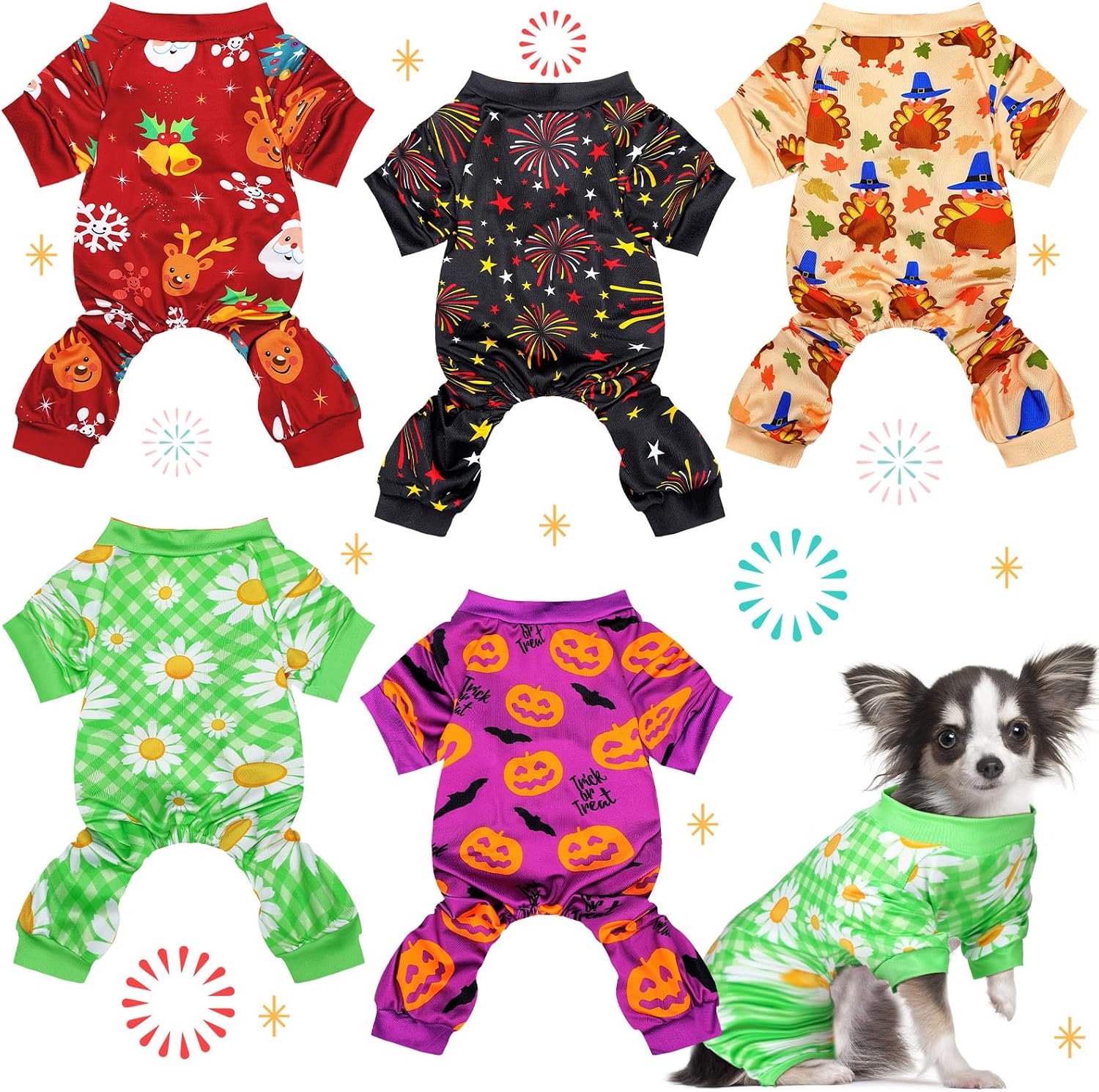 5 Pieces Dog Easter Pajamas American Flag Puppy Pajamas Holiday Dog Jumpsuit for Small Dogs Cat (Delicate Style, S(fit 3.3-5.5lbs))