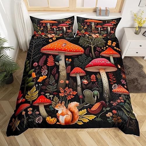 Miniatura 118 de Juego de funda de edredón de 3 piezas, diseño de hongos, diseño de hojas botánicas de acuarela y fresa, para niños, adolescentes, adultos, libélula