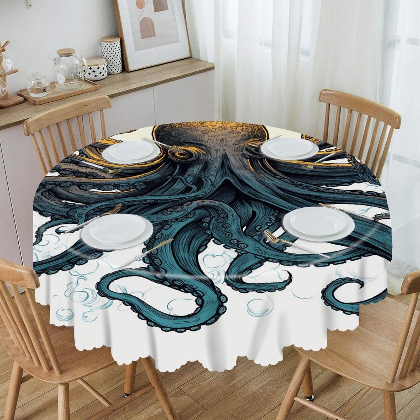 VstaDank Sun Ocean Octopus Round Tablecloth Premium Polyester Table Cloth Heavy Duty Washable Fabric Tablecloth Waterproof Holiday Table Cover Decorative Tablecloths for Dining 60"