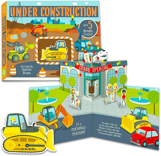 Construction Site Board Book for Toddlers with Movable Trucks Under Construction