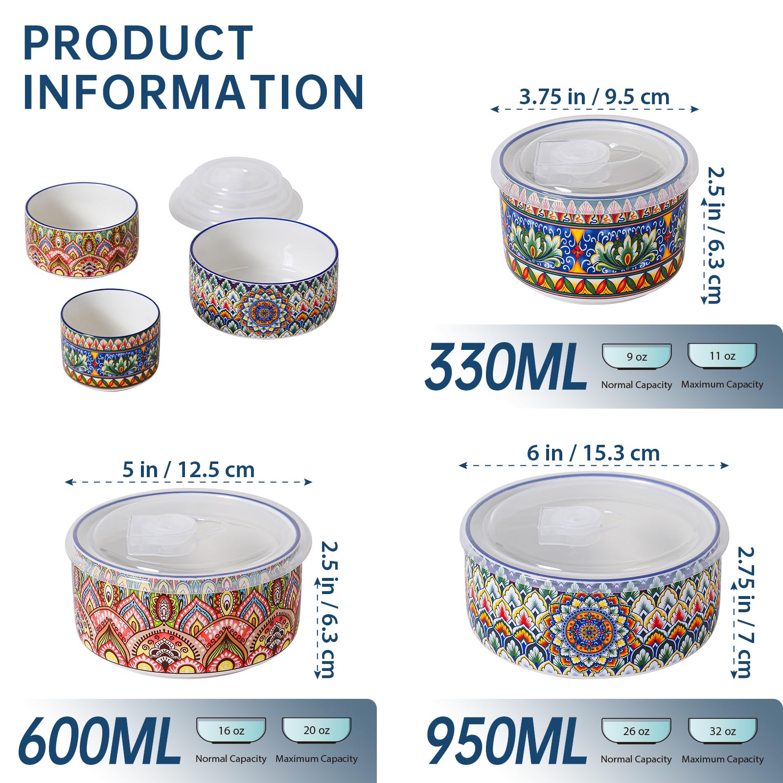 Henten Home Set di Ciotole in Ceramic, 3 Pezzi, Insalatiera con Coperchio, 330ml/600ml/950ml, Lunch Box, Contenitori per la Cucina, Ideali per cereali, insalate, zuppe