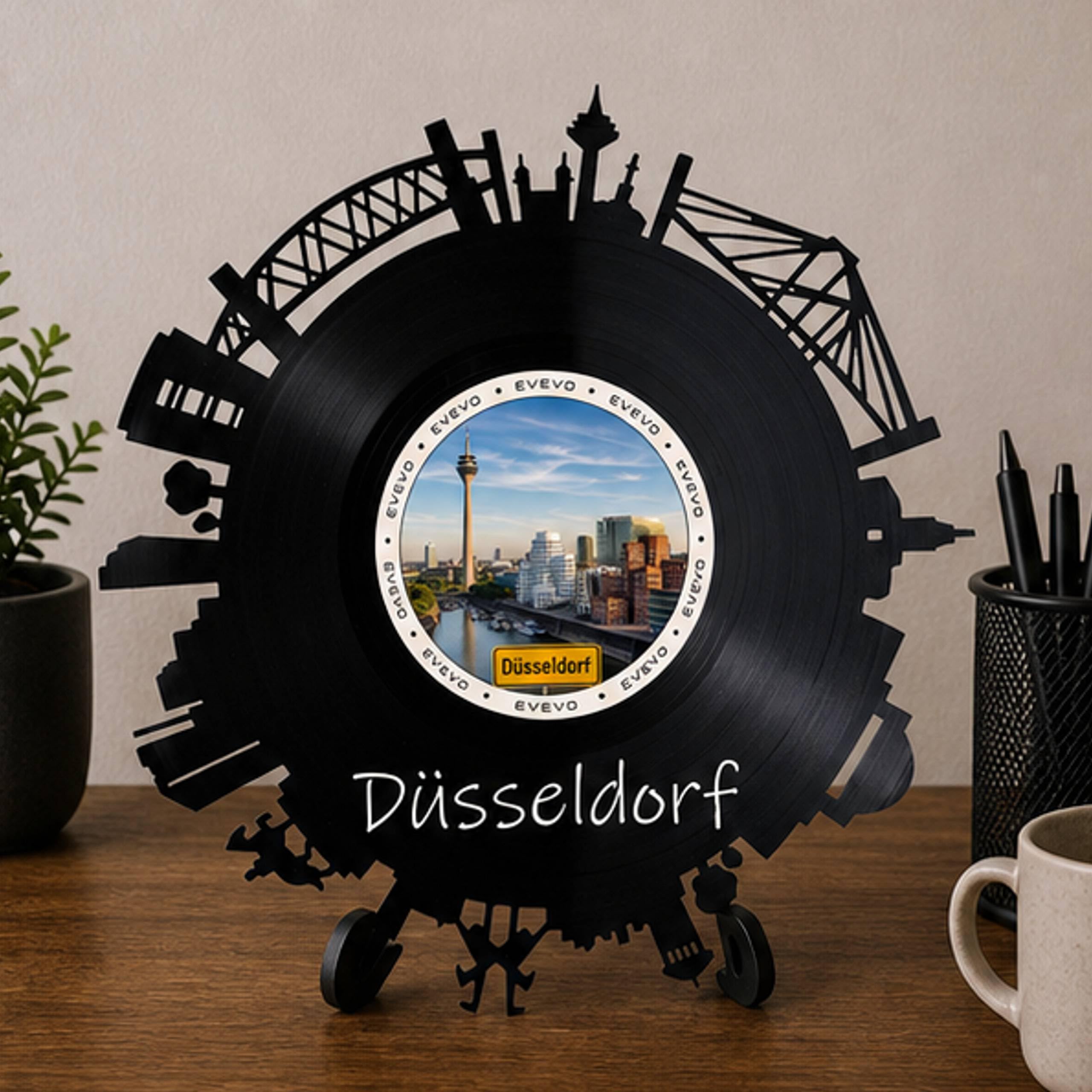 EVEVO Dekoracja ścienna z płyty gramofonowej Düsseldorf - winylowa sztuka ścienna Nadrenia Północna-Westfalia panorama prezent dla fanów Düsseldorfu, Nadrenii MedienHafen-Liebhaber D0061