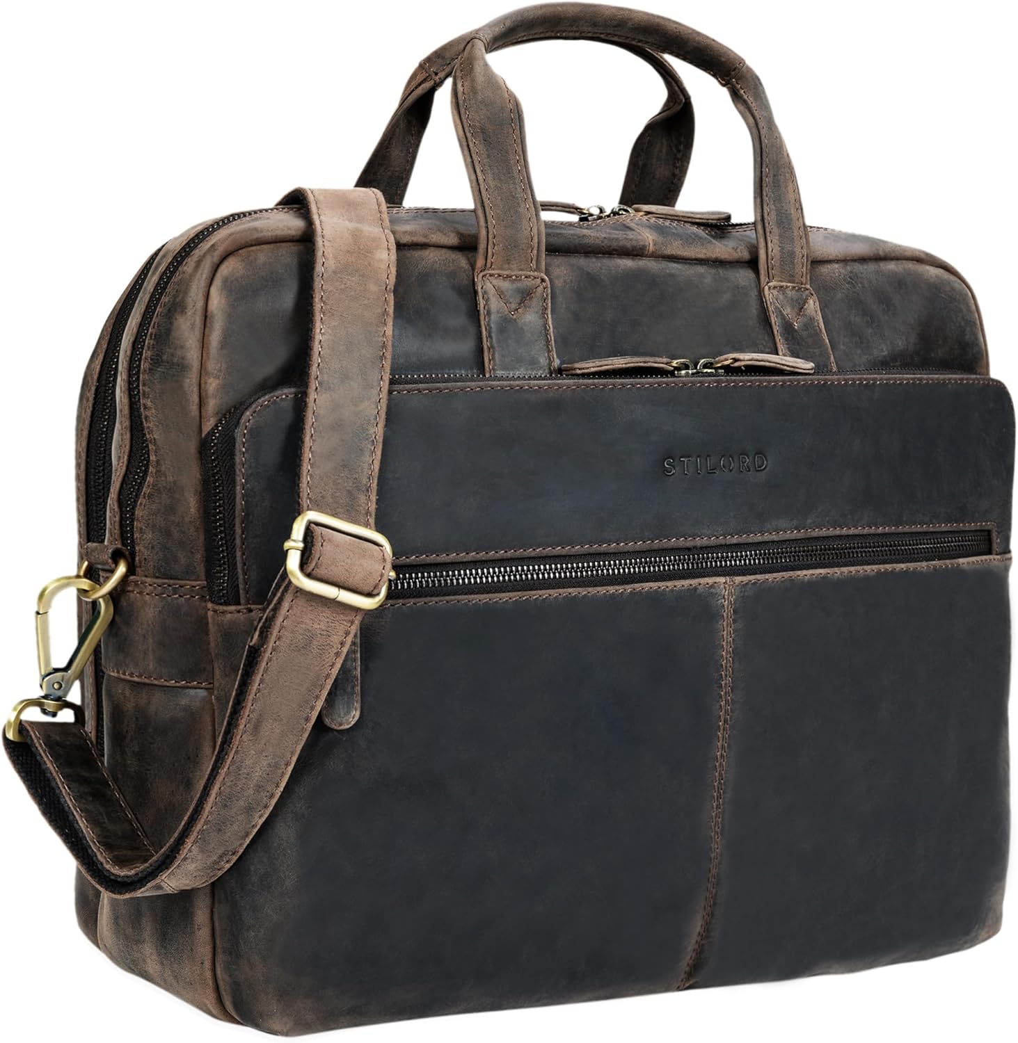 STILORD Explorer Leraren tas leer mannen vrouwen aktetas kantoor schouder of schoudertas voor laptop met drievoudige verdeler echt leer vintage Kleur:maraska - bruin