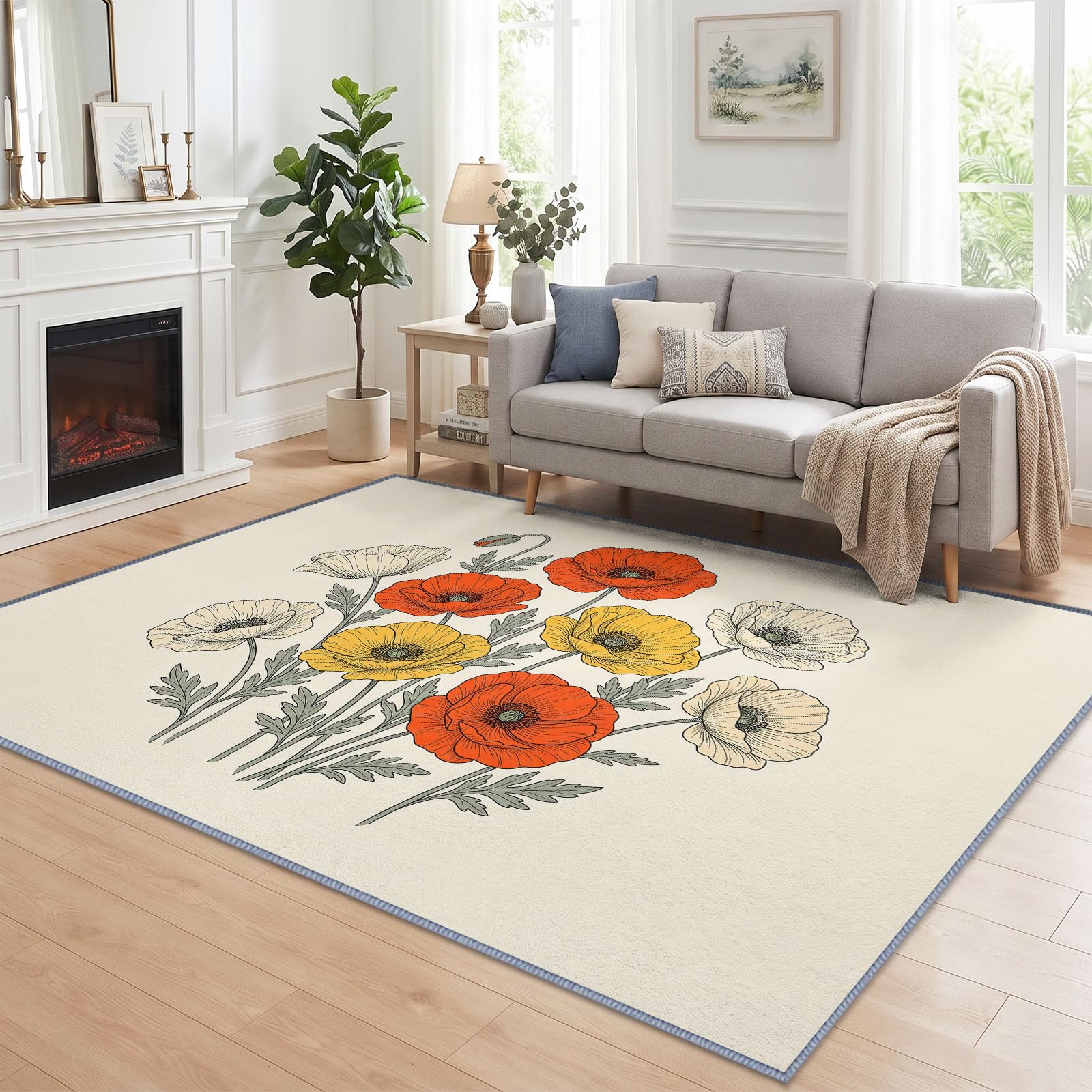 Générique Coquelicot Crème Tapis Poils Ras 80x150 cm