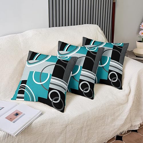 Miniatura 4 de Juego de 2 fundas de almohada modernas color turquesa de 22 x 22 pulgadas con círculos geométricos para cama, sofá, fundas de cojín negras y grises,